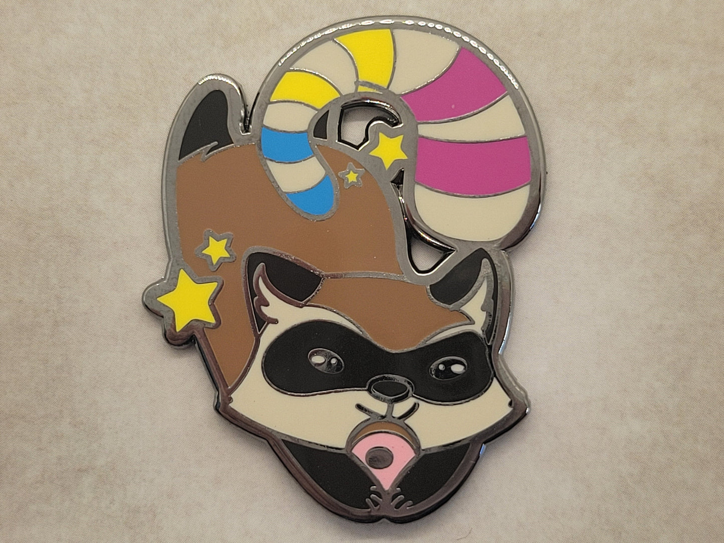 Pansexual Pride Raccoon Pin | Chibi Trash Panda Hard Enamel Lapel Pin with Pan Pride Stripes on Tail