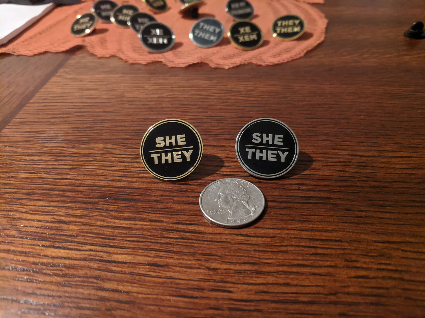 She They Pronoun Pin Silver or Gold 1-inch Round Hard Enamel | Femme Nonbinary Multi-gender Gender Fluid Genderqueer