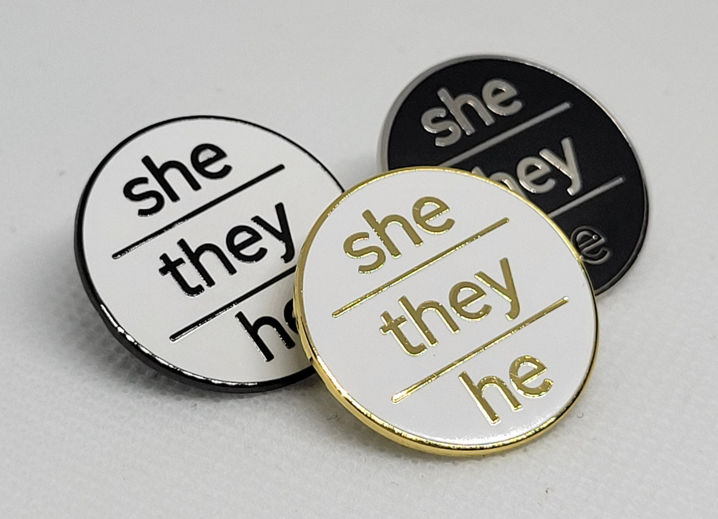 Modern Minimalist Pronoun Pin | She They He Pin | Choose White/Gold, White/Black or Black/Silver | She/They/He Pronoun Button | Nonbinary