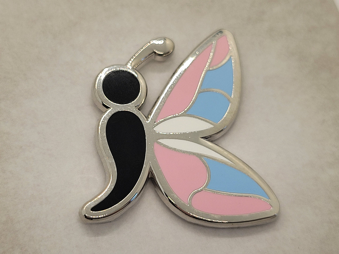 Semicolon Butterfly Pin in Trans Pride Flag Colors | Suicide Prevention Mental Health Awareness Enamel Lapel Pin