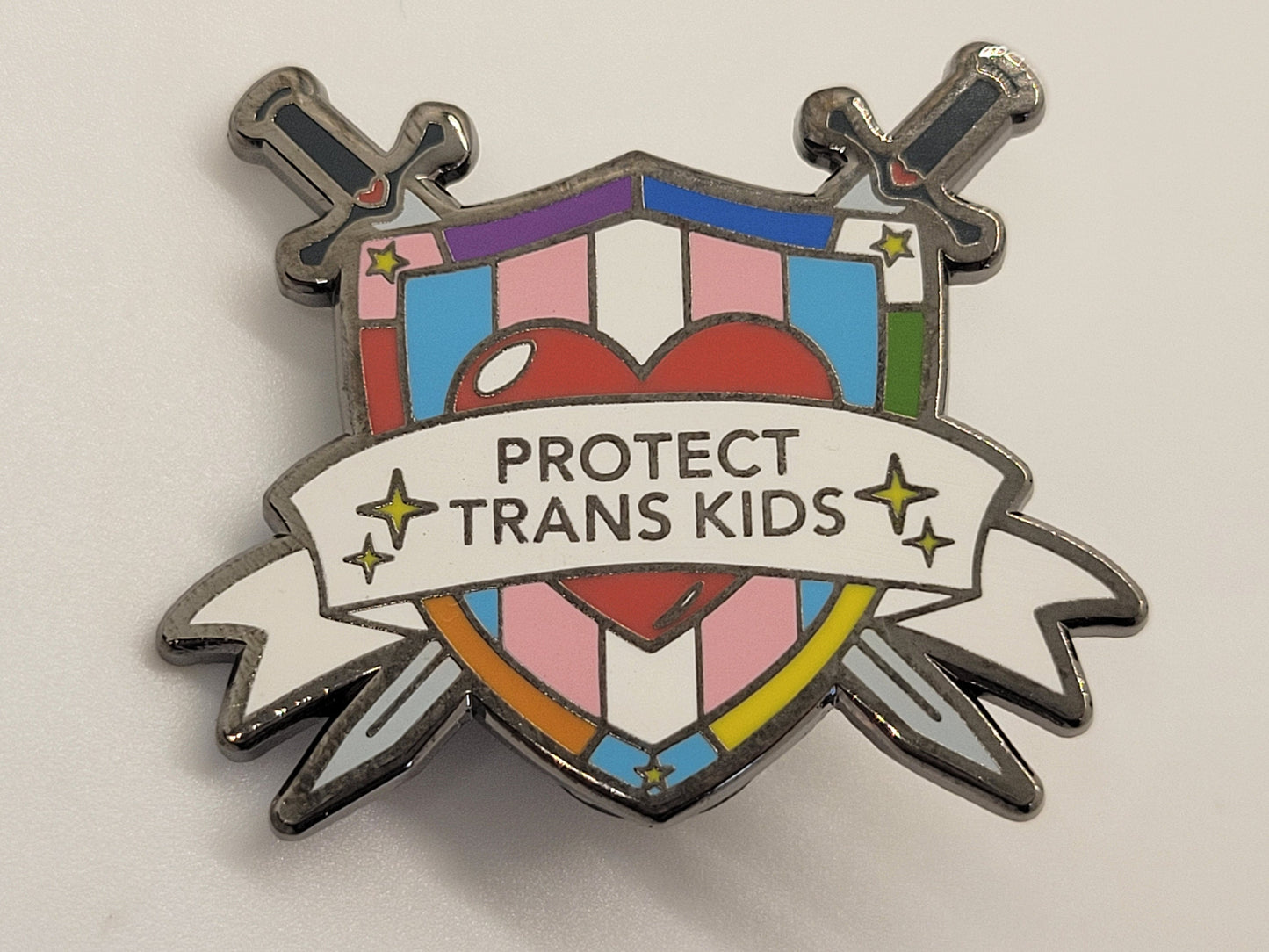 Protect Trans Kids Crossed Swords and Shield Trans Ally Pin | Support Trans Youth Transgender Rights Enamel Lapel