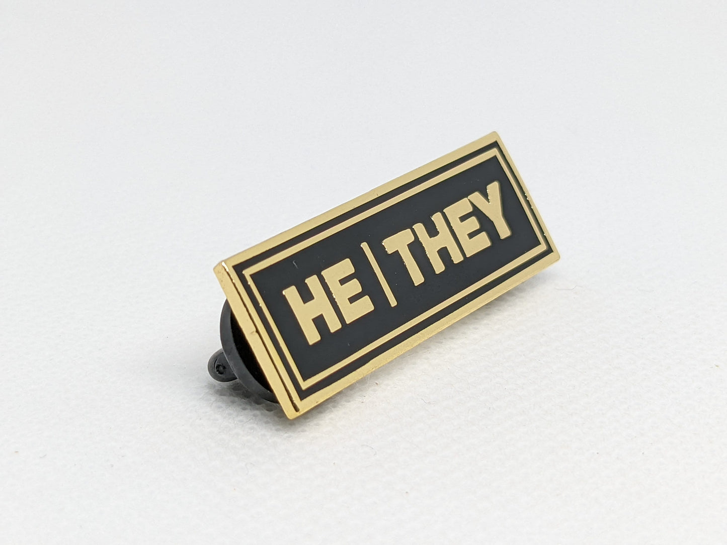 He/They Rectangle Pronoun Pin or Magnet Back Silver or Gold Hard Enamel 1.5 by .5 in | Masc Nonbinary Pronoun Badge