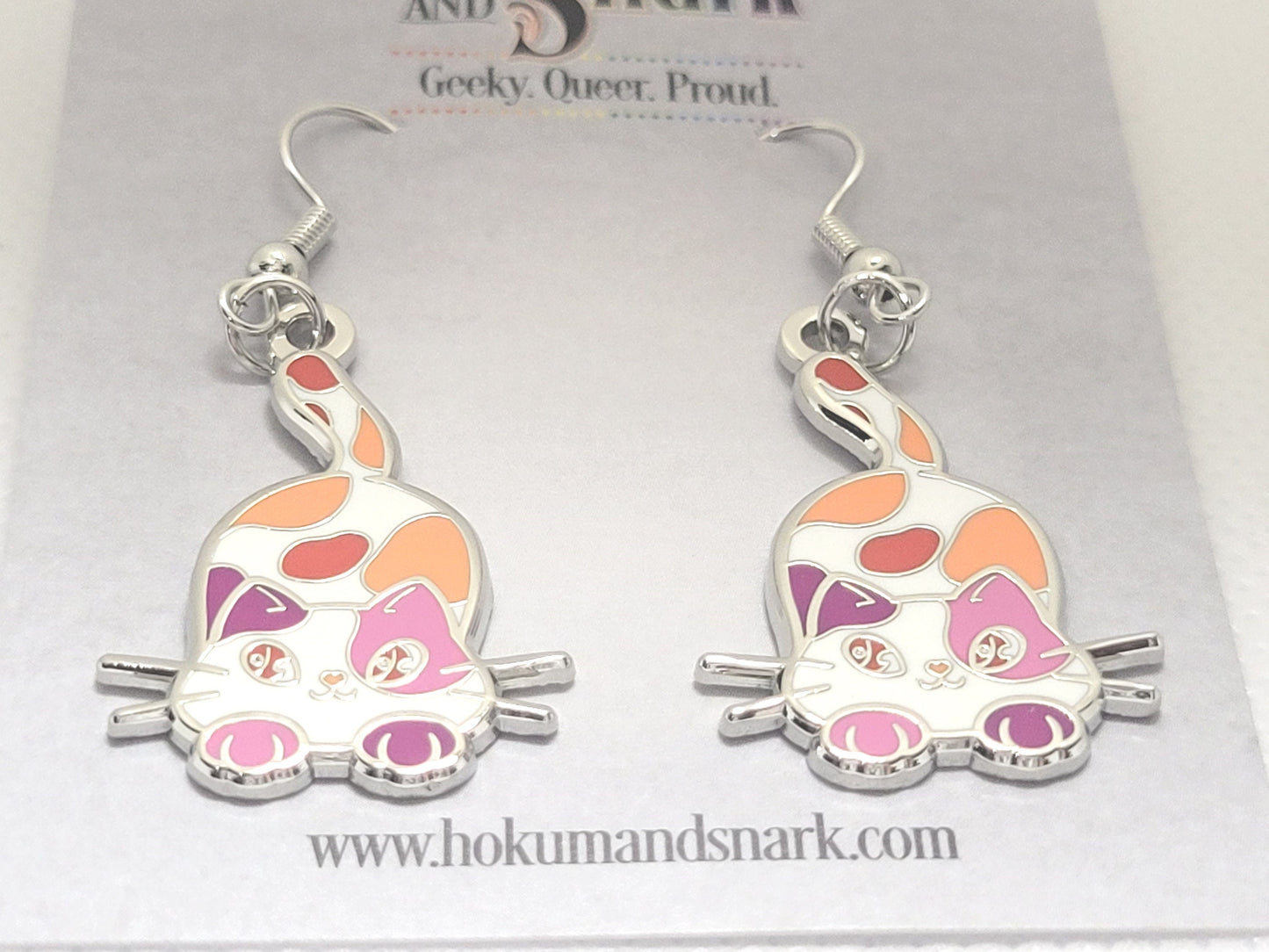Lesbian Purride Calico Cat Earrings in Orange Lesbian Pride Flag Colors | Chibi Neko LGBTQ+ Subtle Pride Jewelry
