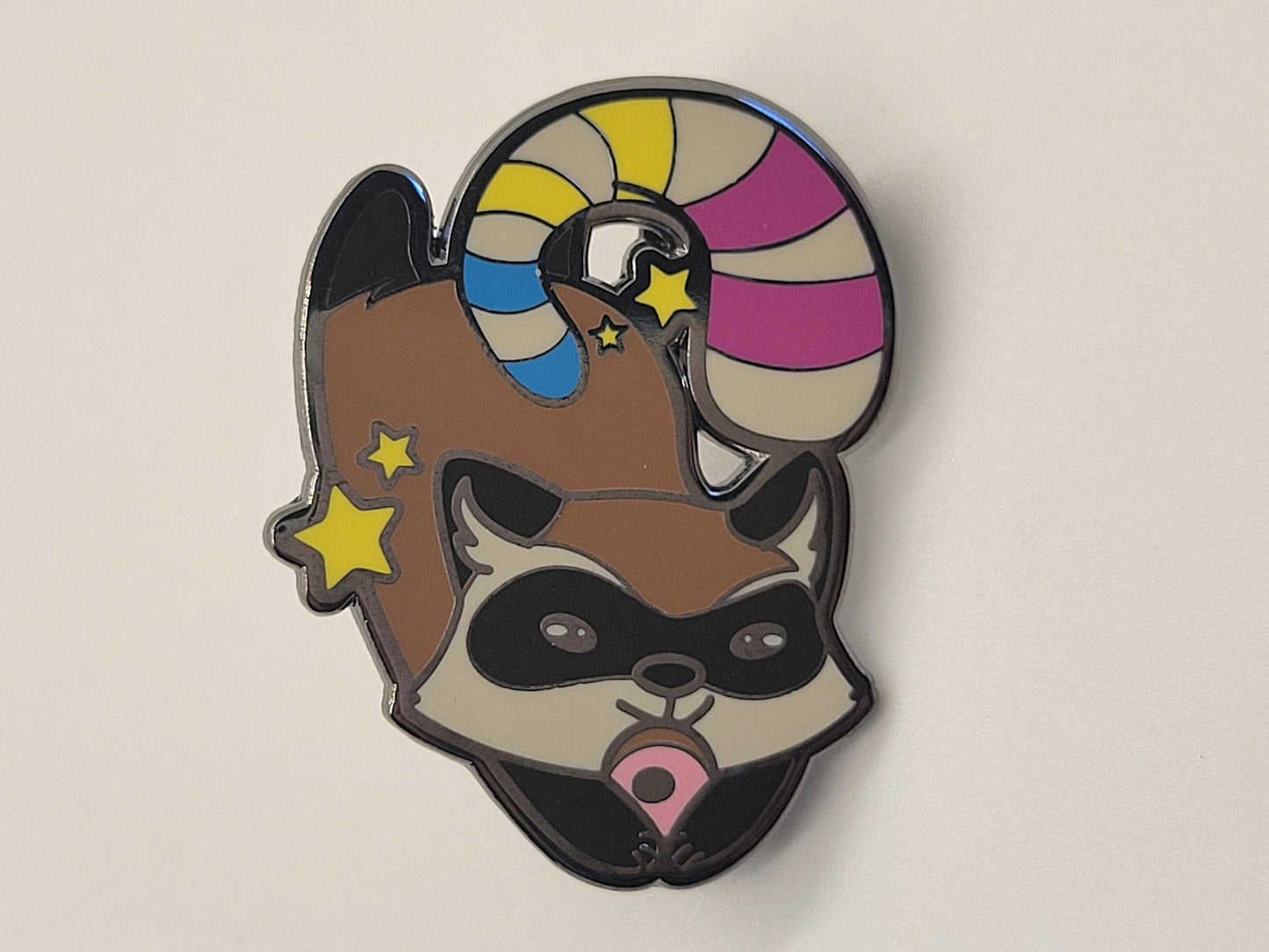 Pansexual Pride Raccoon Pin | Chibi Trash Panda Hard Enamel Lapel Pin with Pan Pride Stripes on Tail