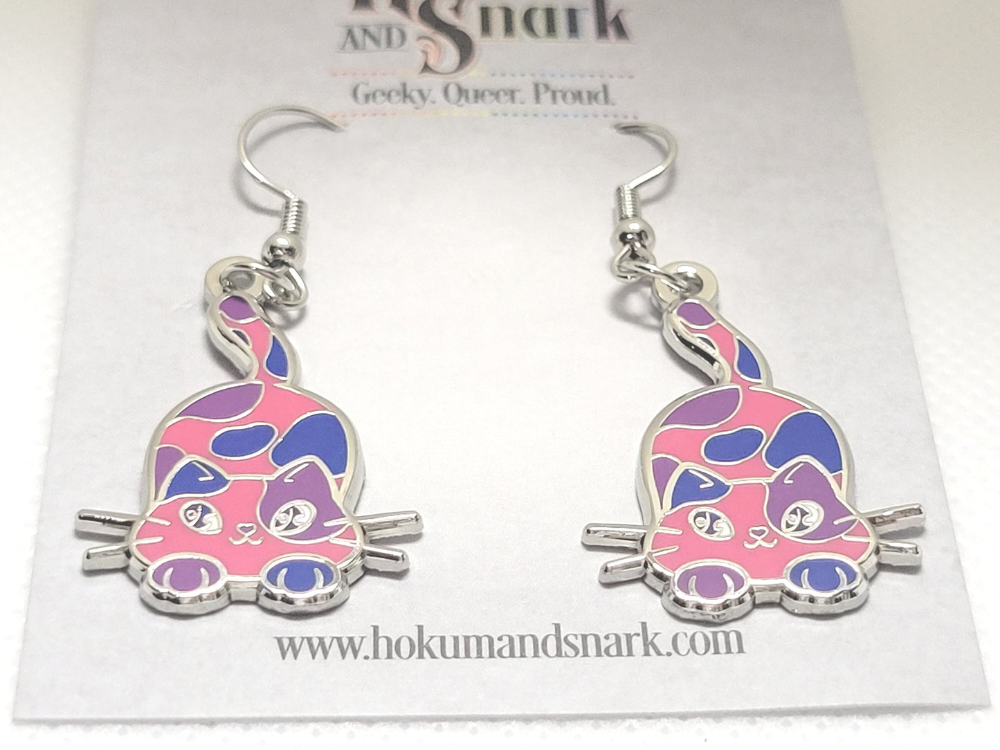 Bisexual Purride Calico Cat Earrings in Bi Pride Flag Colors | Chibi Neko LGBTQ+ Subtle Pride Jewelry