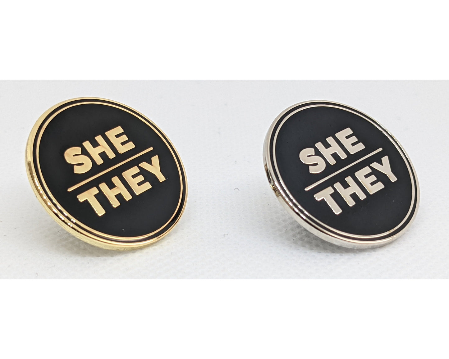 She They Pronoun Pin Silver or Gold 1-inch Round Hard Enamel | Femme Nonbinary Multi-gender Gender Fluid Genderqueer