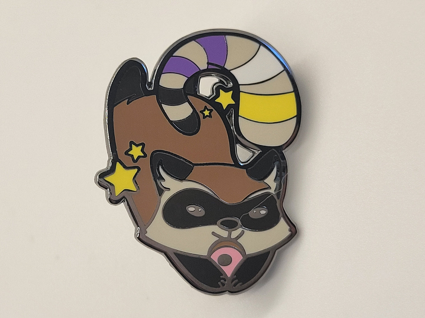 Nonbinary Pride Raccoon Enamel Lapel Pin | Chibi Gay Trash Panda Hard Enamel Pin Enby Pride Flag Stripes on Tail