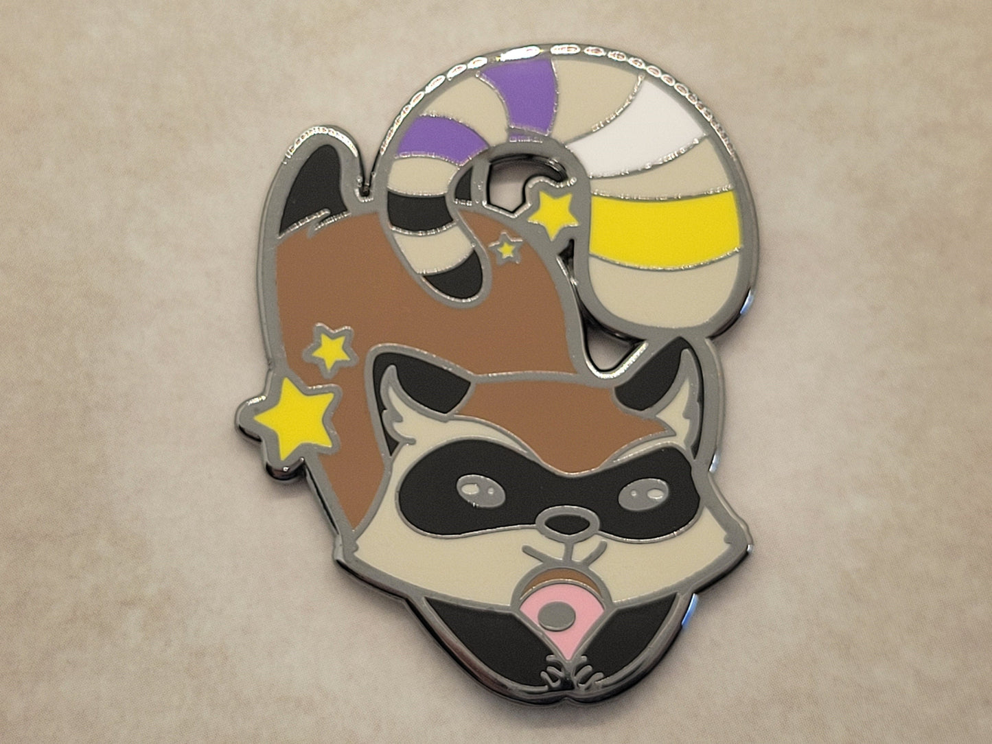 Nonbinary Pride Raccoon Enamel Lapel Pin | Chibi Gay Trash Panda Hard Enamel Pin Enby Pride Flag Stripes on Tail