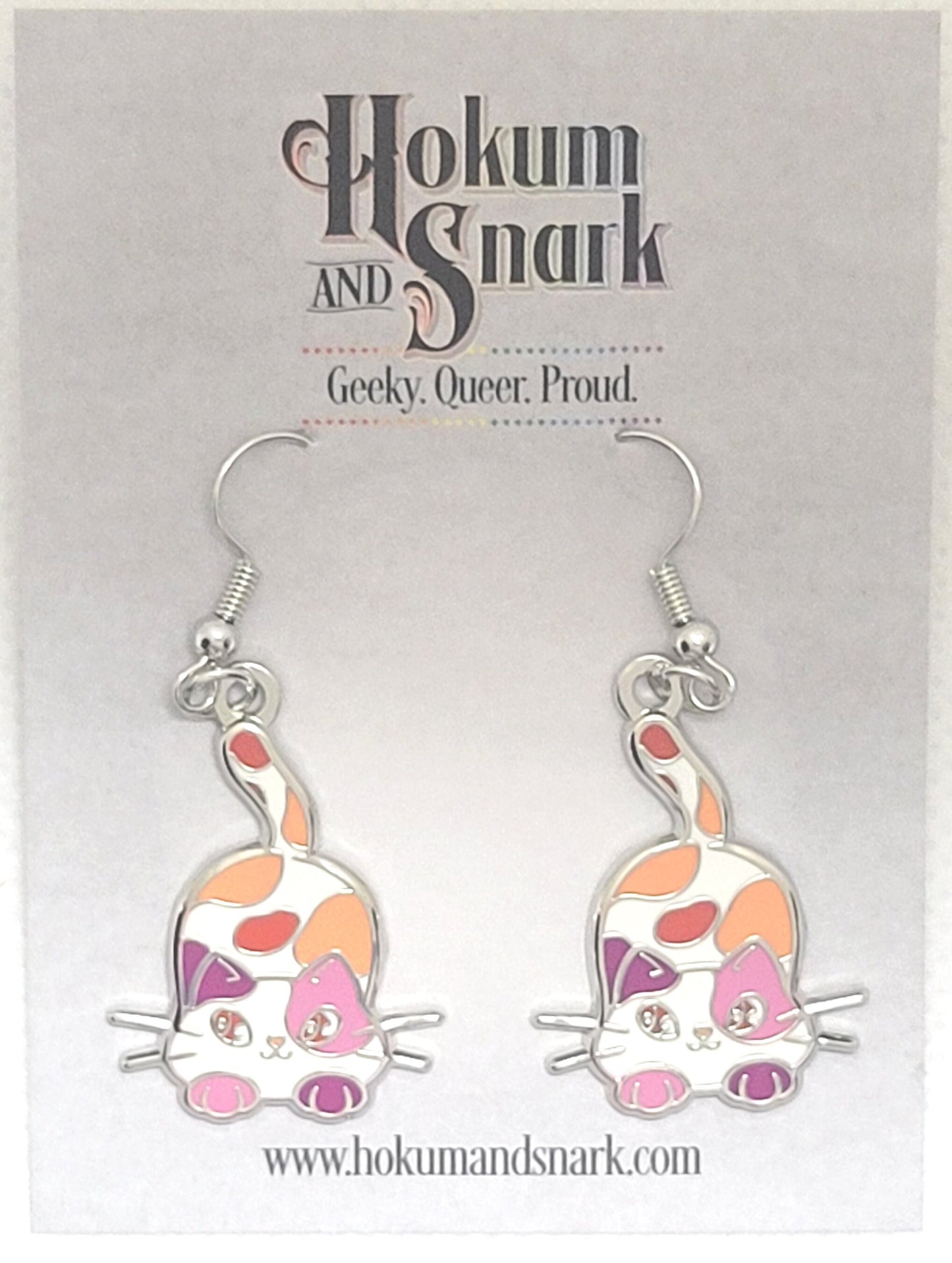 Lesbian Purride Calico Cat Earrings in Orange Lesbian Pride Flag Colors | Chibi Neko LGBTQ+ Subtle Pride Jewelry