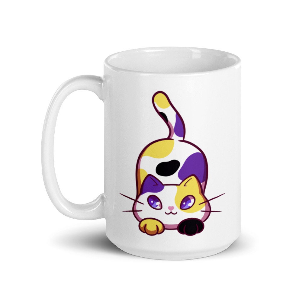 Nonbinary Gender Nonconforming Chibi Kitty in Enby Pride Flag Colors White Ceramic Mug - 11 oz or 15 oz - LGBT Pride Gifts & Accessories