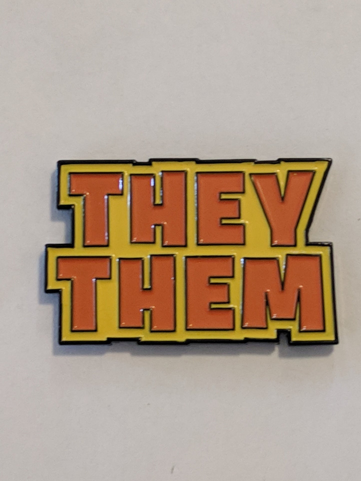 They Them Pronoun Pin | Nonbinary Hard Enamel Pronoun Button in Bold Orange and Yellow