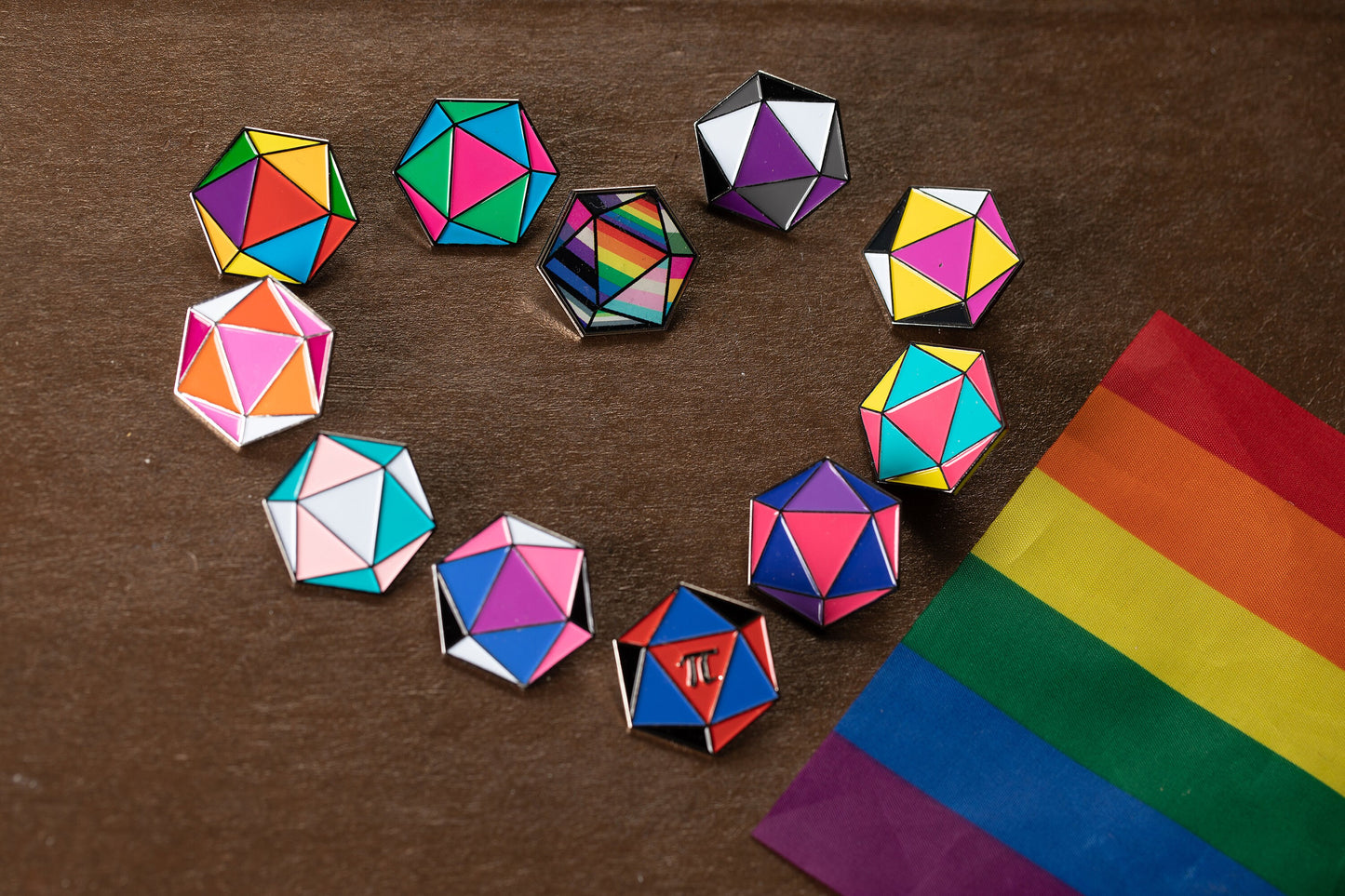 Pansexual Pride d20 Gaming Dice Enamel Pin in LGBTQ Pan Pride Flag Colors