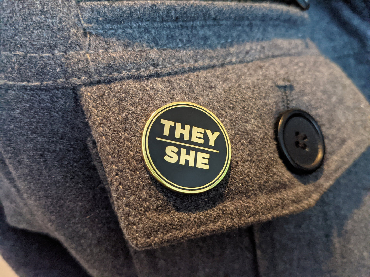 Modern Minimalist Pronoun Pin | They She Pin | Choose White & Gold or White/Black | They/She Pronoun Button | Nonbinary Pronoun Pin