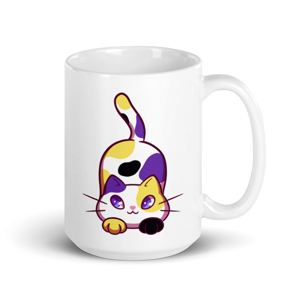 Nonbinary Gender Nonconforming Chibi Kitty in Enby Pride Flag Colors White Ceramic Mug - 11 oz or 15 oz - LGBT Pride Gifts & Accessories