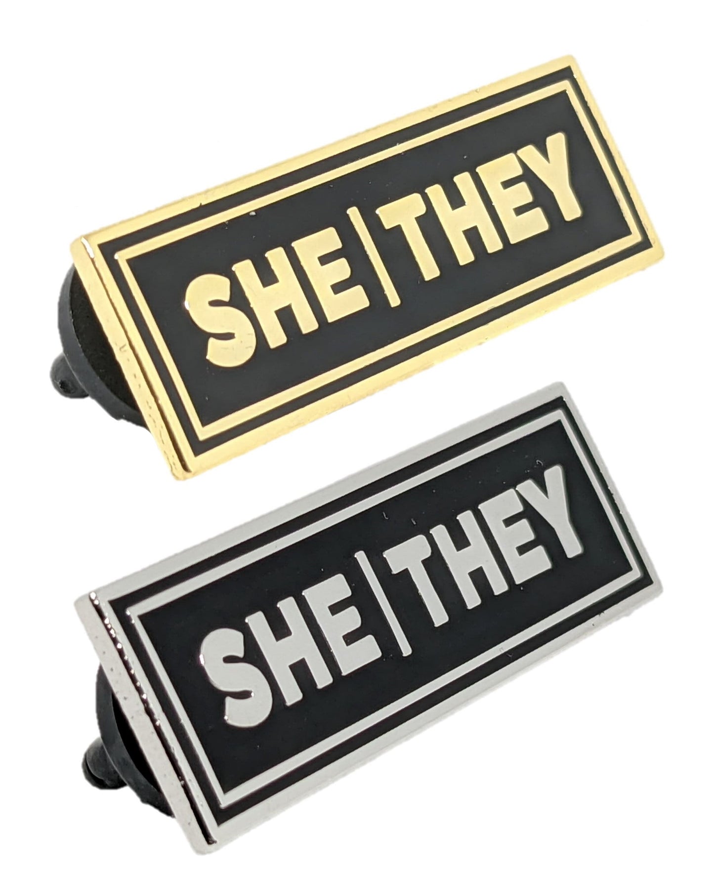 She/They Rectangle Pronoun Pin Silver or Gold Hard Enamel 1.5 by .5 in | Femme Nonbinary Pronoun Badge