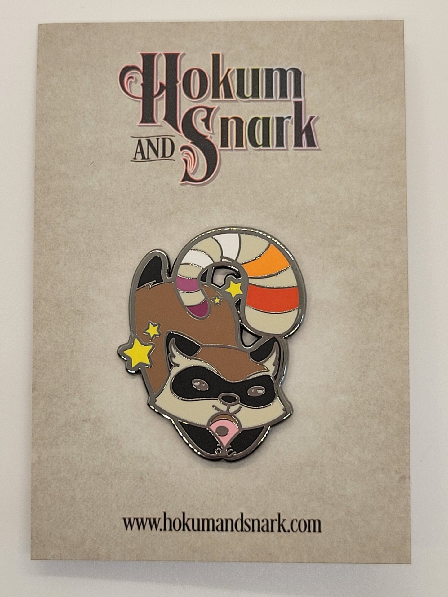 Lesbian Pride Cute Raccoon Enamel Lapel Pin | Chibi Trash Panda with Sunset Lesbian Flag Stripes on Tail