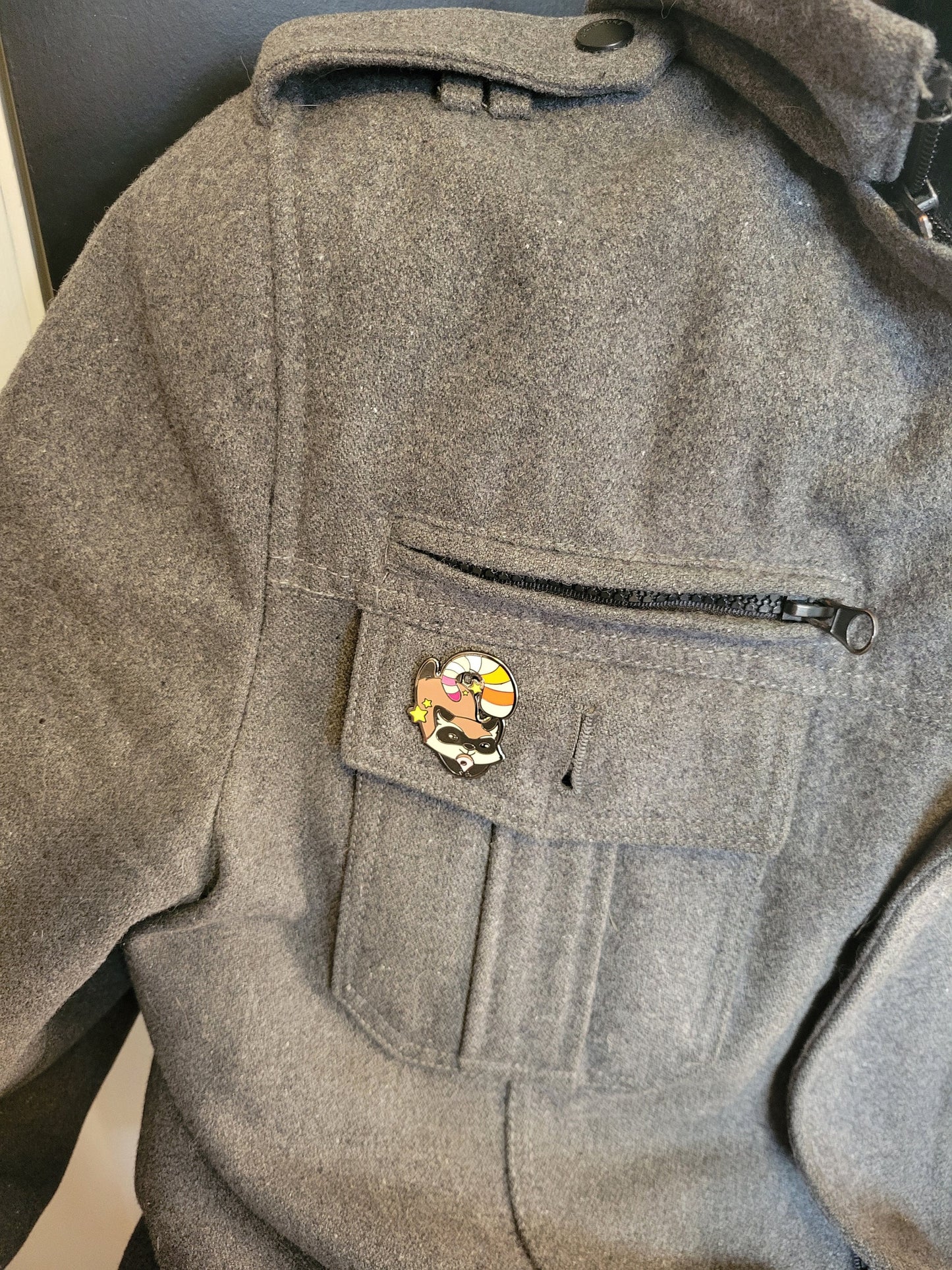 Lesbian Pride Cute Raccoon Enamel Lapel Pin | Chibi Trash Panda with Sunset Lesbian Flag Stripes on Tail