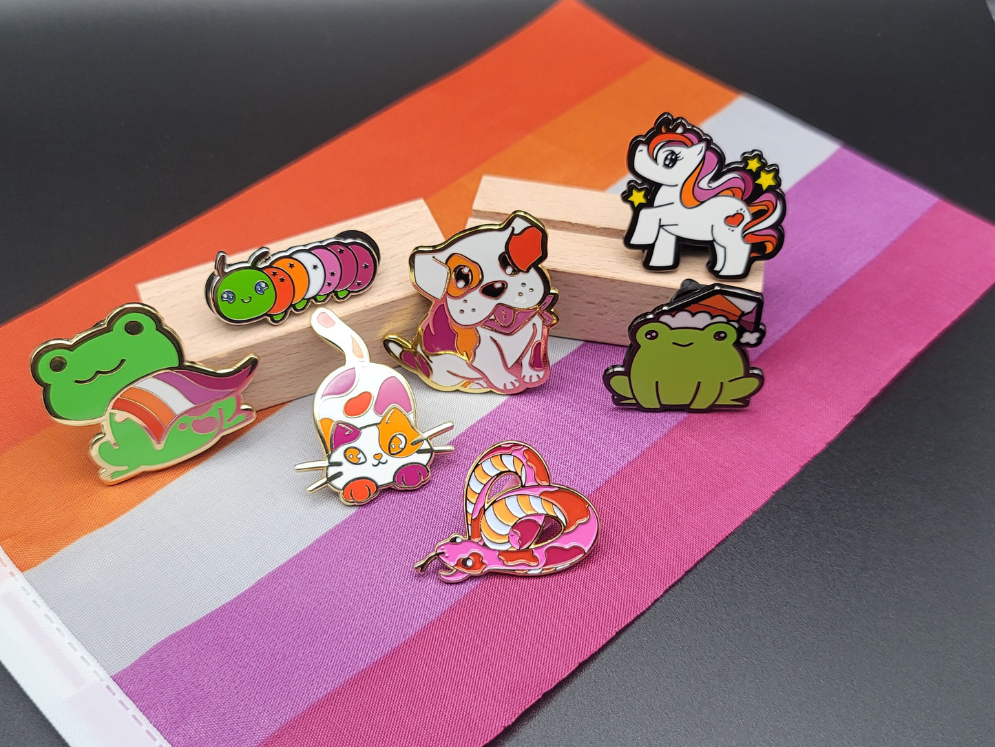 Lesbian Purride Calico Cat Hard Enamel Pin in Orange Lesbian Pride Flag Colors | Chibi Neko LGBTQ+ Subtle Pride Jewelry…