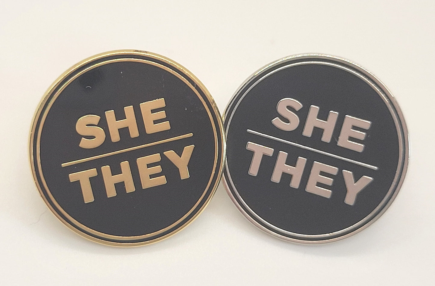 Bulk Discount Pronoun Pins Mix and Match Gold or Silver | Round All Caps Pronoun Badge for Work, Weddings, Conferences, Schools, Healthcare