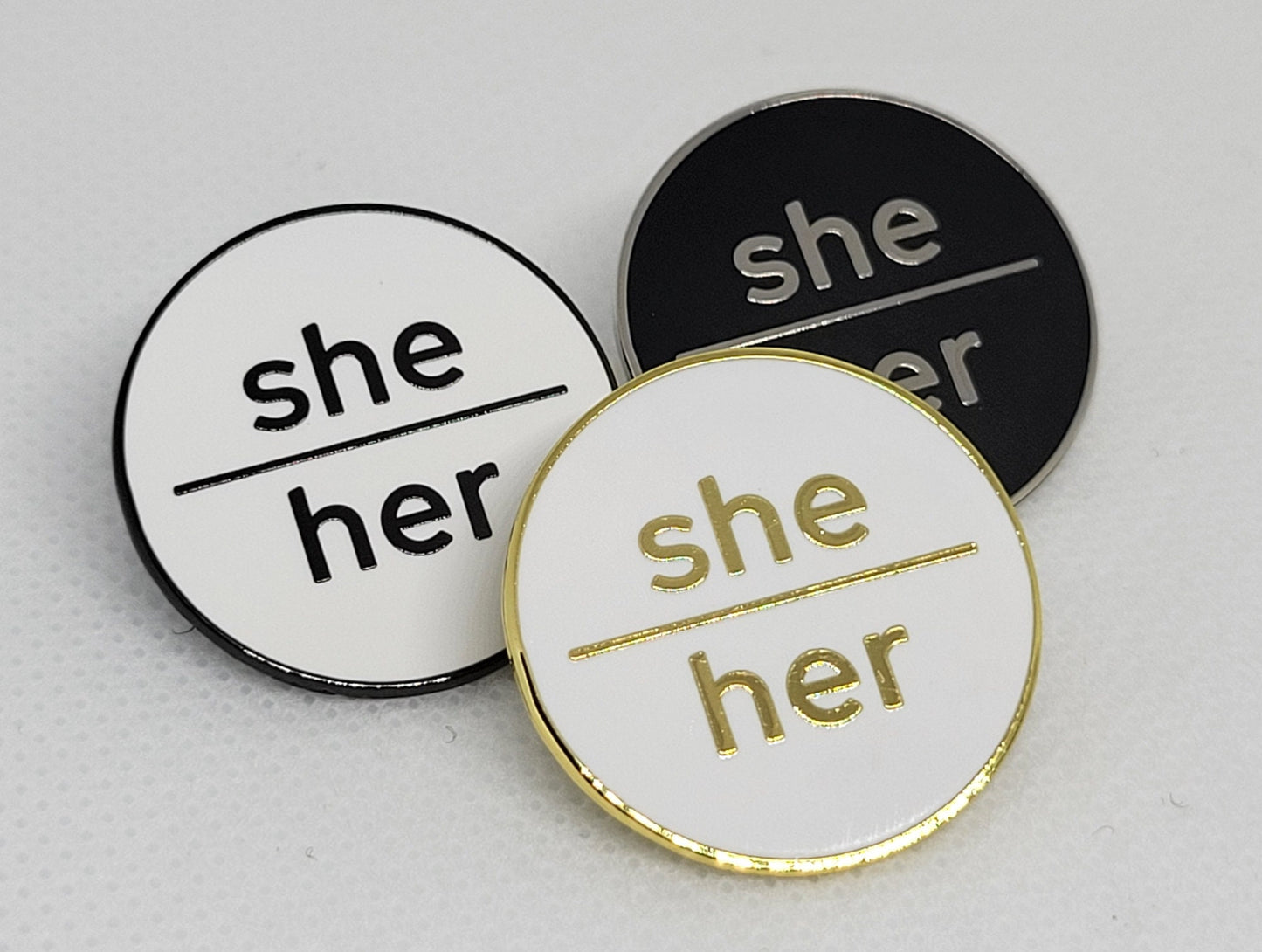 Modern Minimalist Pronoun Pin | She Her Pin | Choose White/Gold, White/Black or Black/Silver | She/Her Pronoun Button