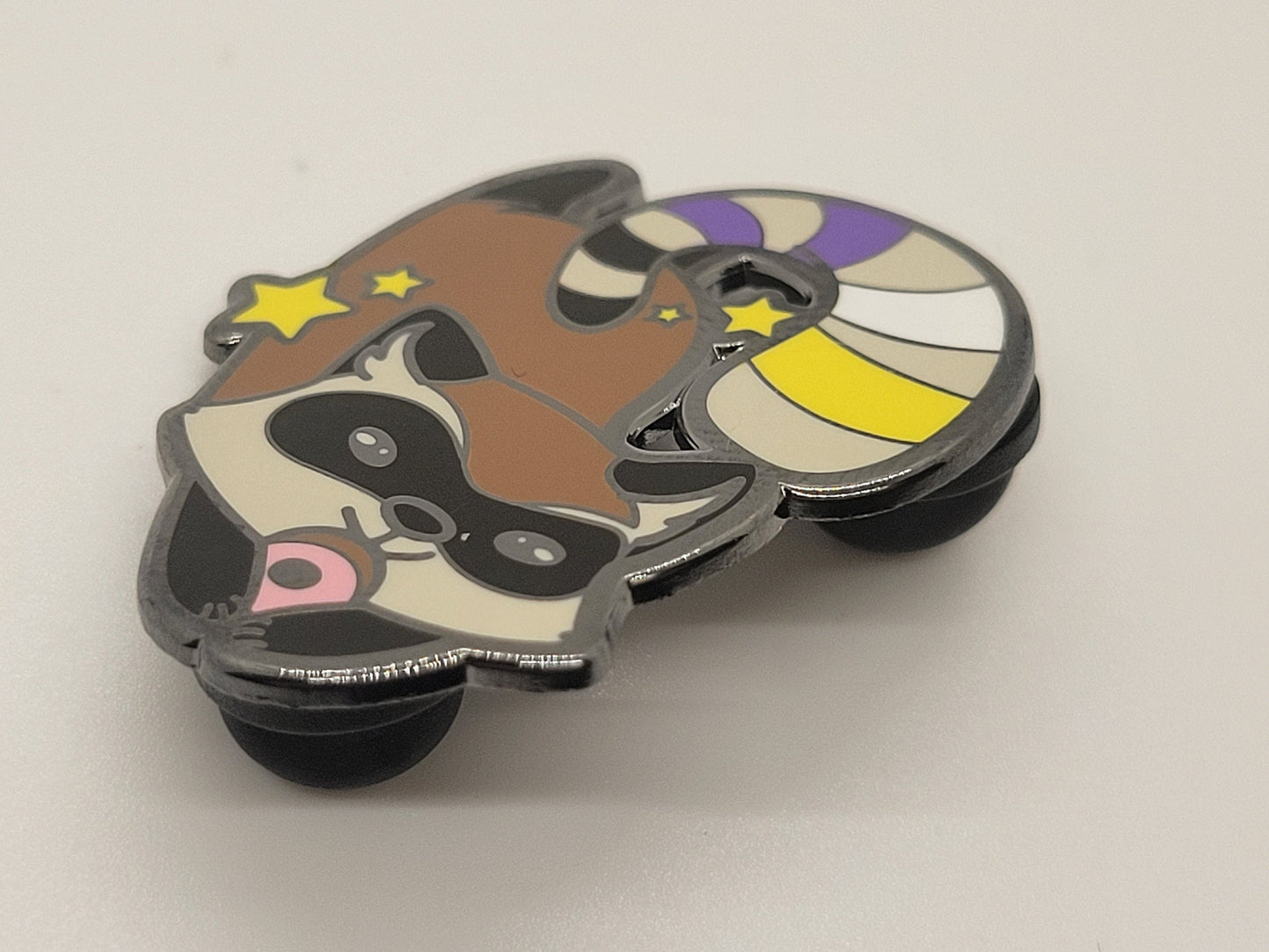 Nonbinary Pride Raccoon Enamel Lapel Pin | Chibi Gay Trash Panda Hard Enamel Pin Enby Pride Flag Stripes on Tail