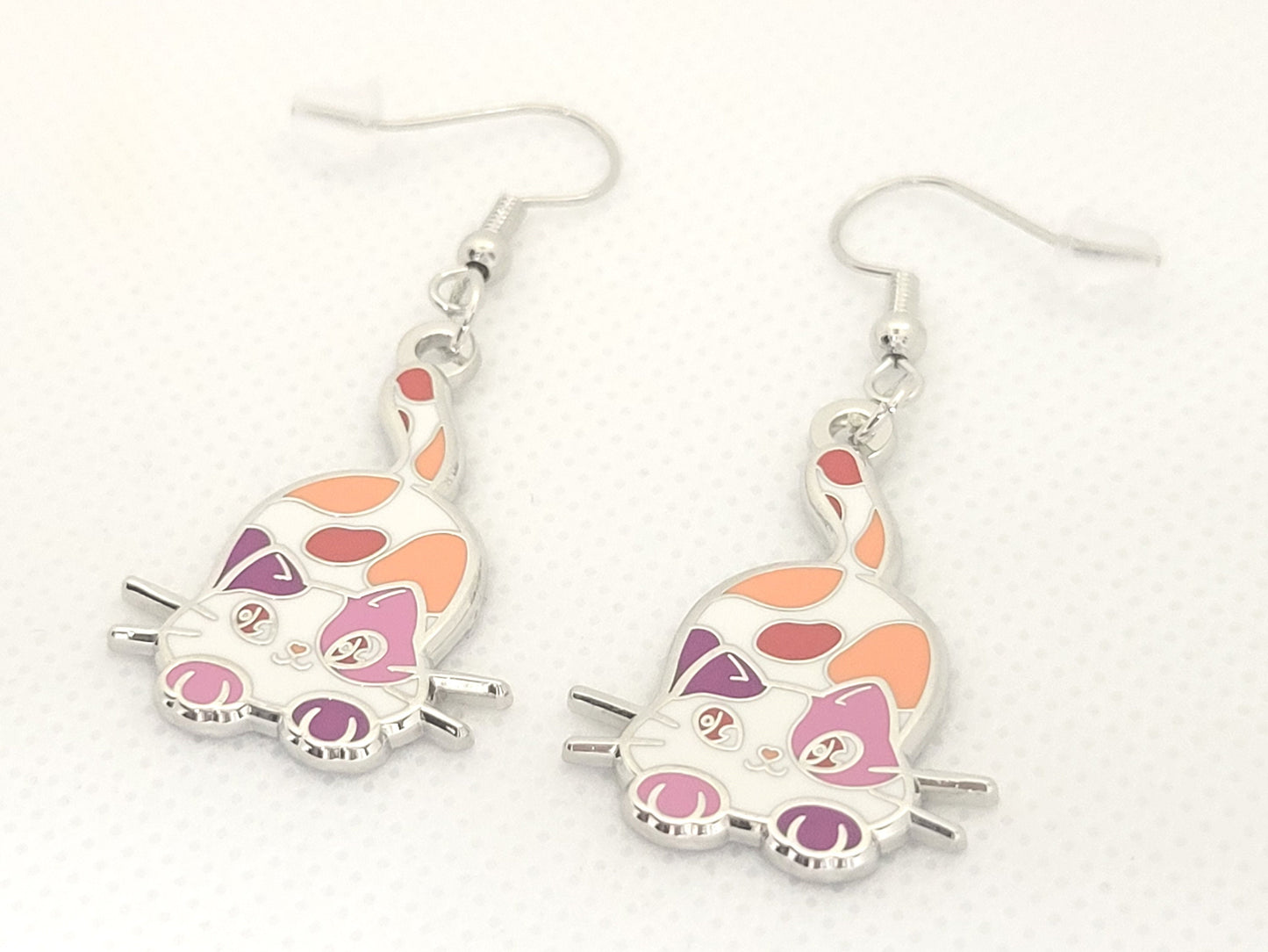 Lesbian Purride Calico Cat Earrings in Orange Lesbian Pride Flag Colors | Chibi Neko LGBTQ+ Subtle Pride Jewelry