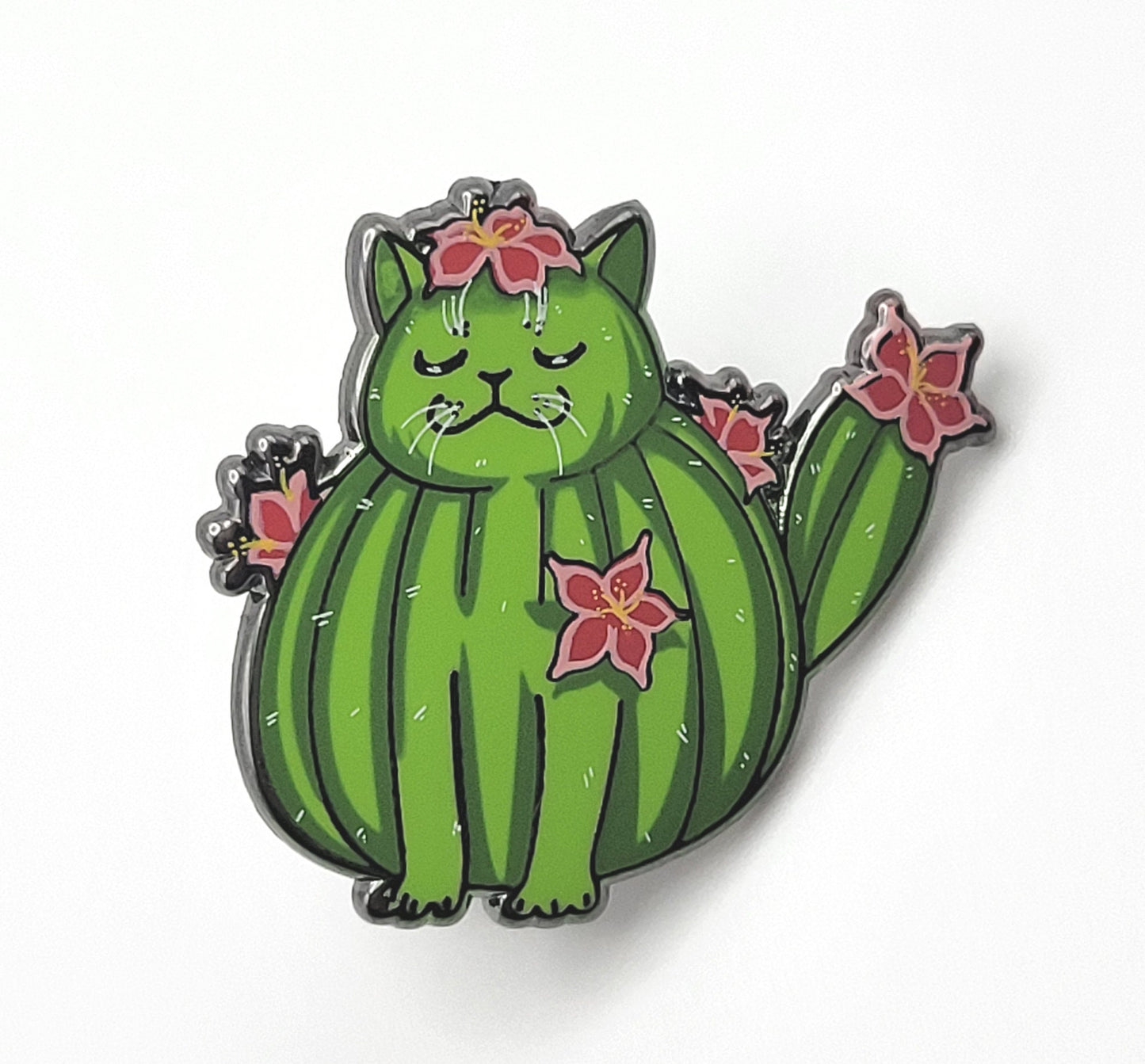 Cactus Cat Enamel Lapel Pin | Chibi Cute Cryptid Pin | Green Flowering Cactus Cat Southwest Cryptid Creature