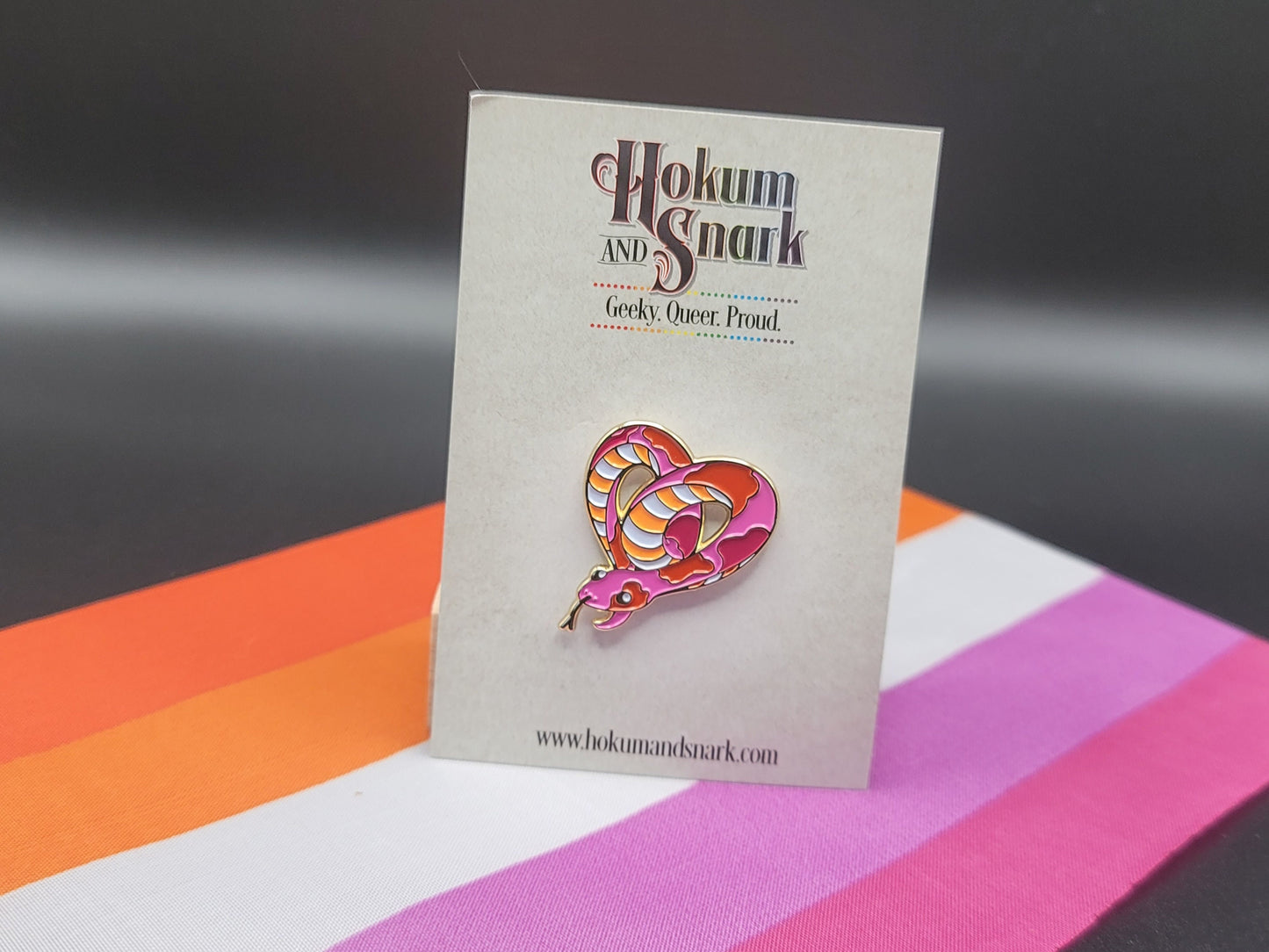 Subtle Lesbian Pride Pin | Heart-Shaped Snake Enamel Pin in Sunset Lesbian Flag Colors | LGBTQ+ Danger Noodle