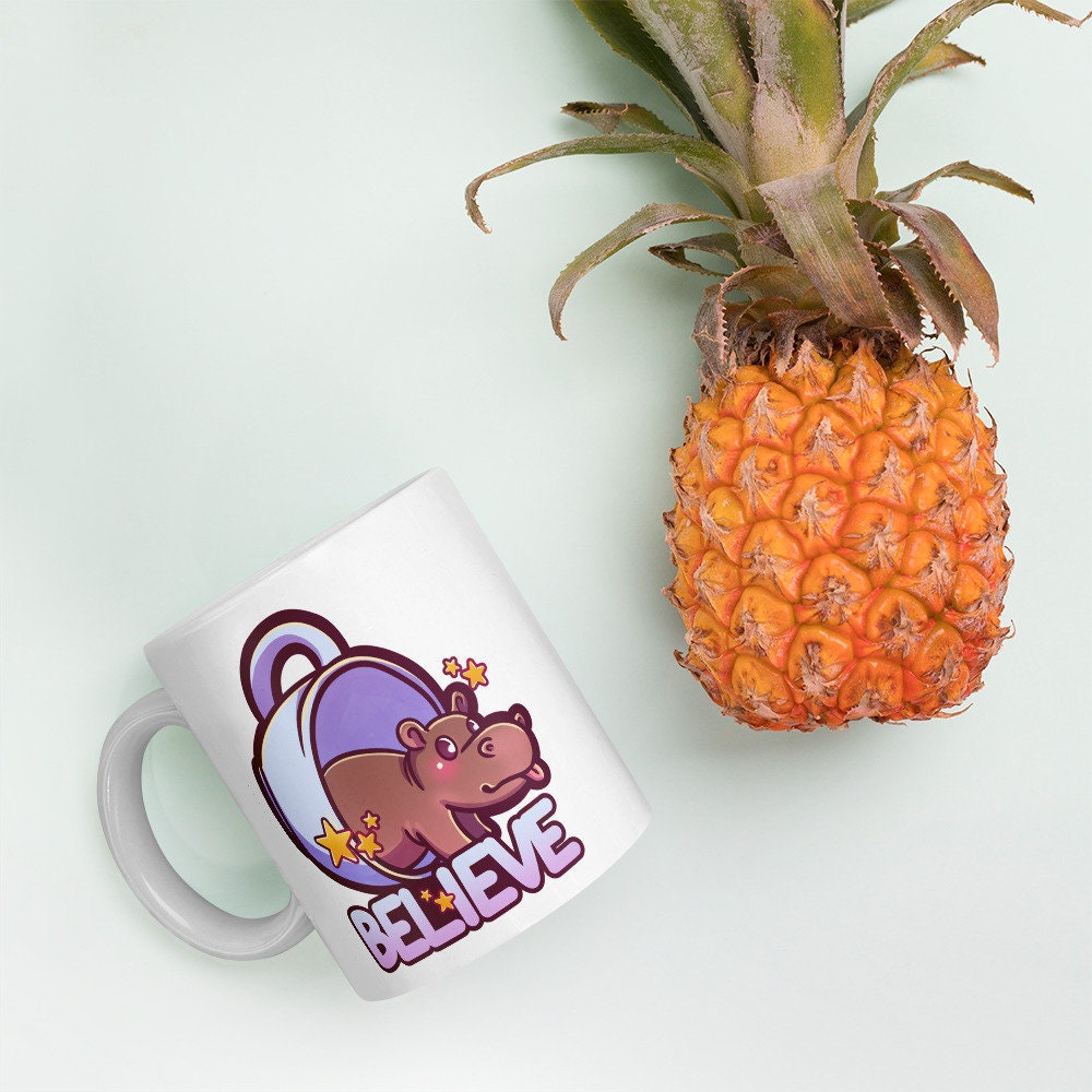 North American House Hippo Canadian Folklore Cryptid Tiny Hippopotamus Cute Character White Ceramic Mug - 11 oz or 15 oz