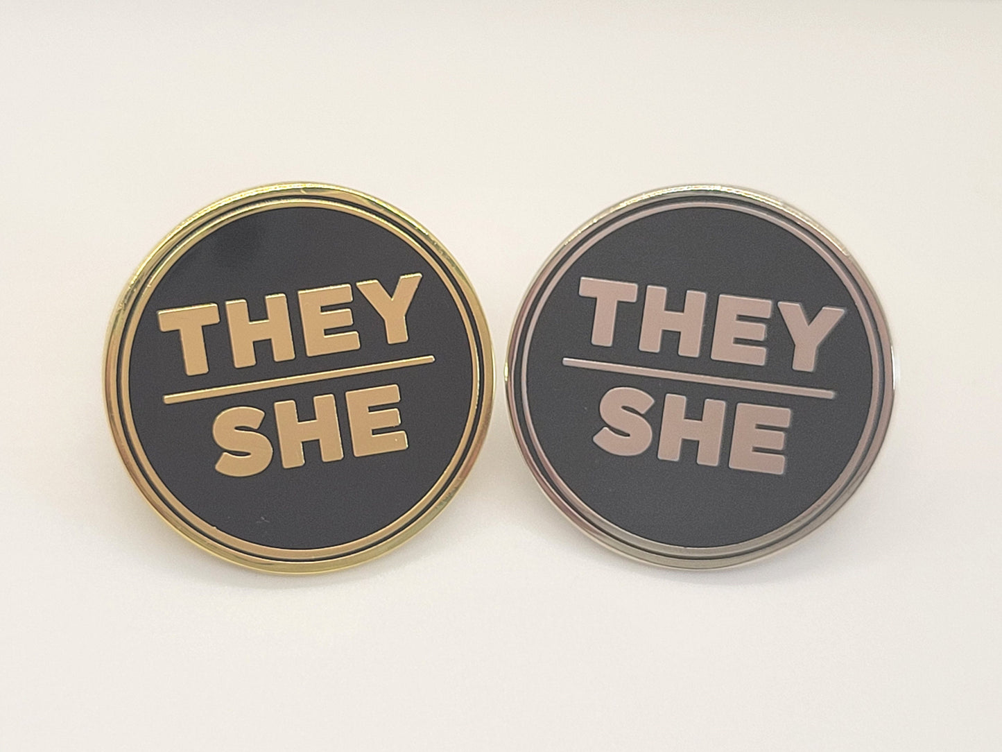 Bulk Discount Pronoun Pins Mix and Match Gold or Silver | Round All Caps Pronoun Badge for Work, Weddings, Conferences, Schools, Healthcare