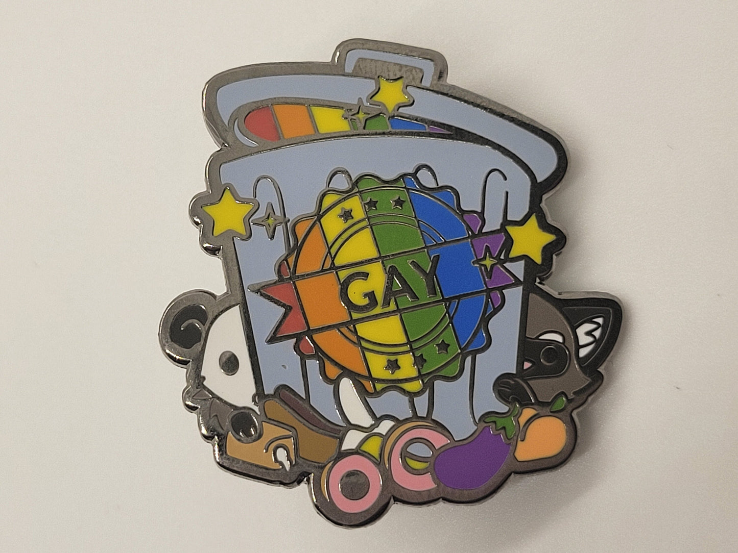 Gay Trash Panda Enamel Lapel Pin | Certified Gay Raccoon and Possum Rainbow Pride Pin