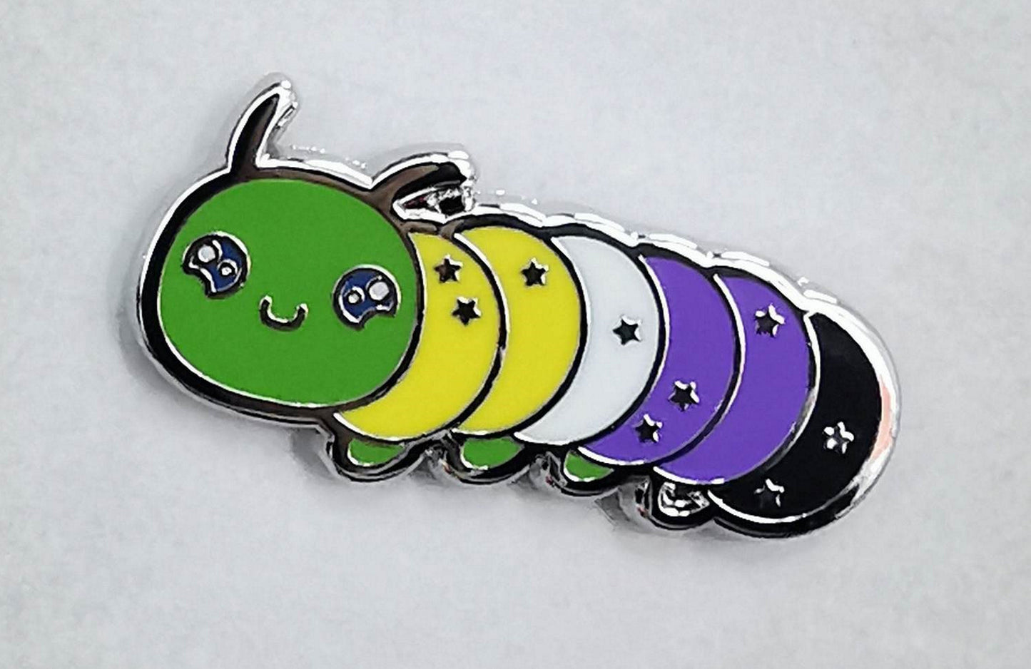 Nonbinary Pride Pin | Caterpillar Chibi Enamel Pin in Enby Pride Flag Colors | LGBTQ+ Pins | Subtle Pride Jewelry Accessory