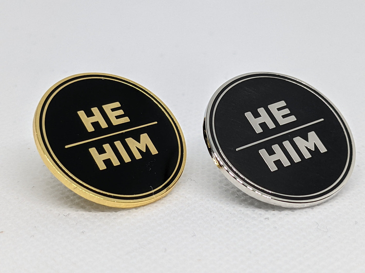 He Him Pronoun Pin Silver or Gold 1-inch Round Hard Enamel | Masc Male Pronoun Badge | Classic Easy-to-Read