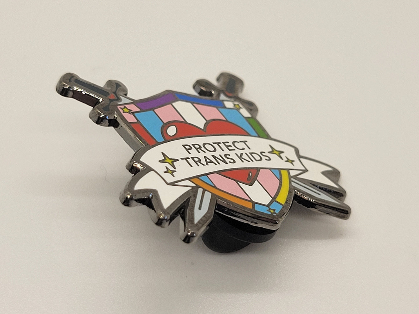 Protect Trans Kids Crossed Swords and Shield Trans Ally Pin | Support Trans Youth Transgender Rights Enamel Lapel