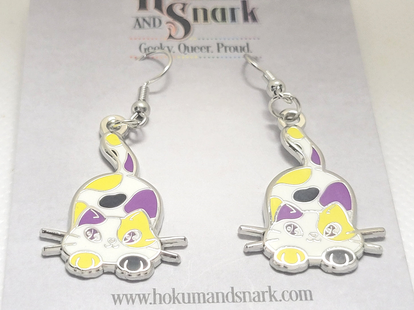 Nonbinary Purride Calico Cat Earrings in Enby Pride Flag Colors | Chibi Neko LGBTQ+ Subtle Pride Jewelry