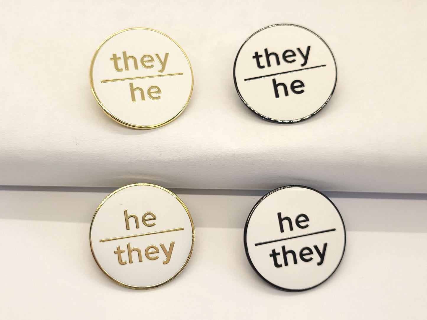 Bulk Discount Pronoun Pins Mix and Match Black Metal, Gold, or Silver | Modern Minimalist Round Lowercase Pronoun Badge
