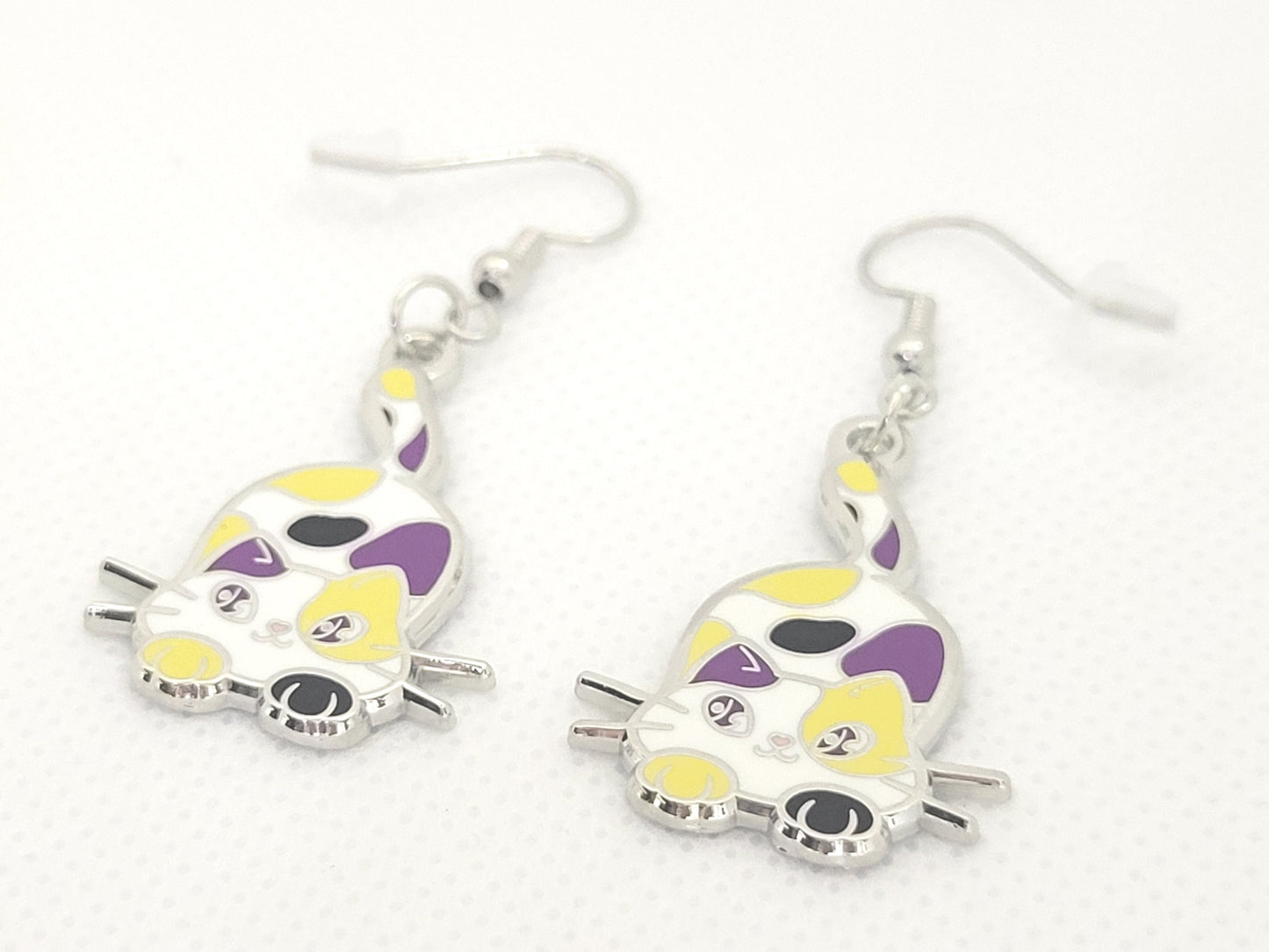 Nonbinary Purride Calico Cat Earrings in Enby Pride Flag Colors | Chibi Neko LGBTQ+ Subtle Pride Jewelry