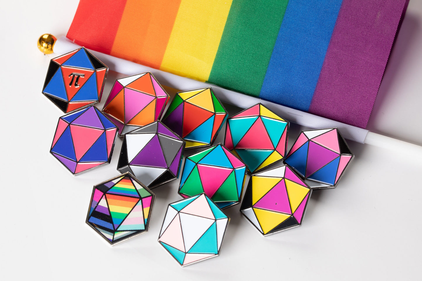 Pansexual Pride d20 Gaming Dice Enamel Pin in LGBTQ Pan Pride Flag Colors