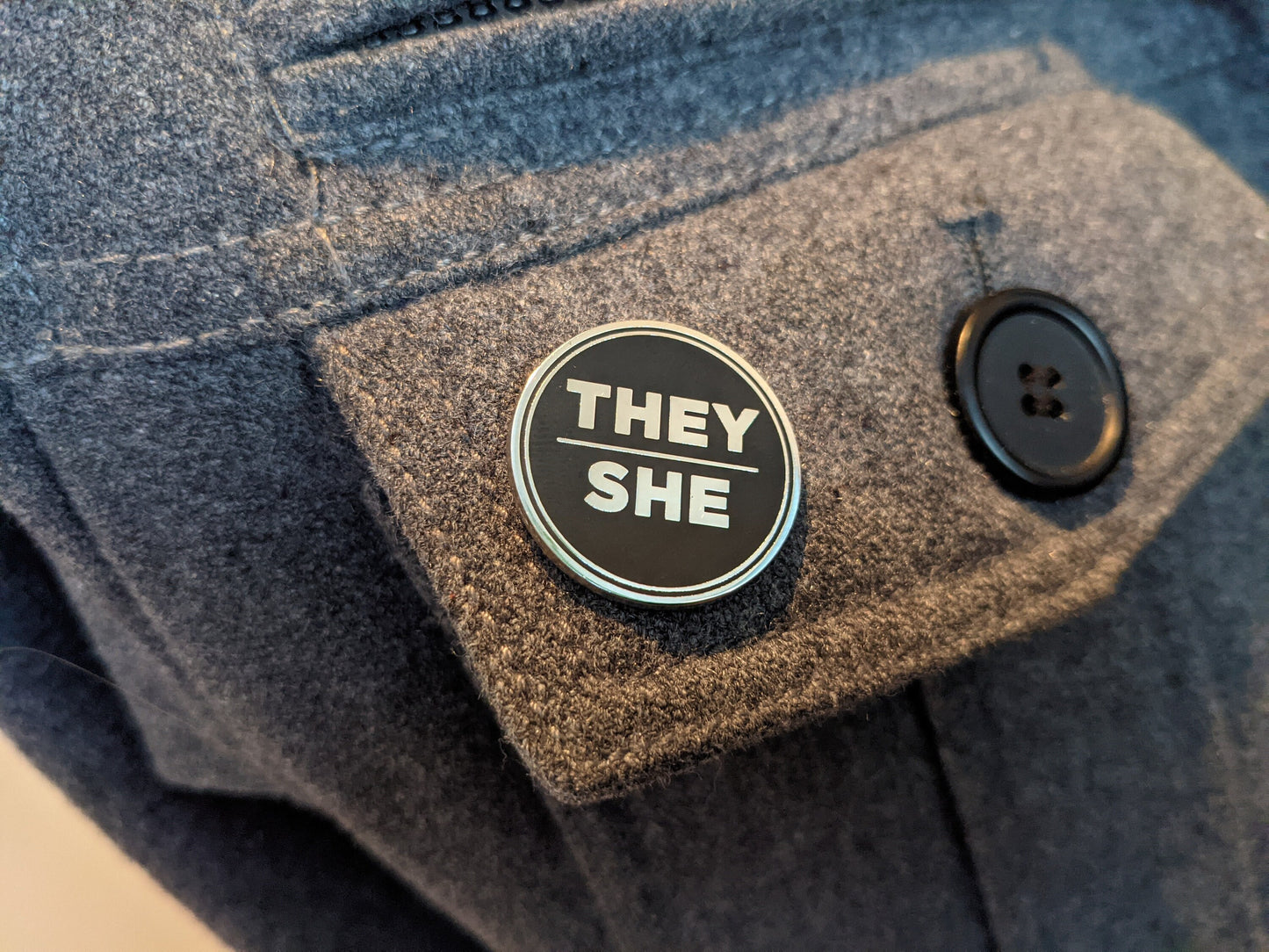 Modern Minimalist Pronoun Pin | They She Pin | Choose White & Gold or White/Black | They/She Pronoun Button | Nonbinary Pronoun Pin