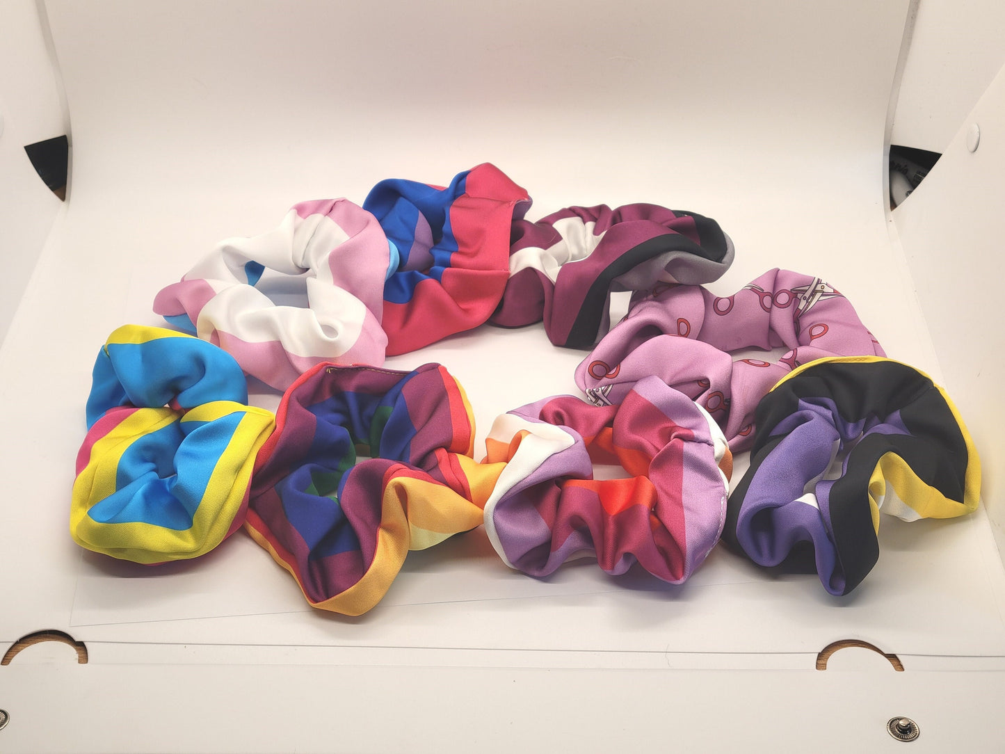 Pride Scrunchies! Matte satin LGBTQ scrunchy hair tie in Trans, Nonbinary, Asexual, Bisexual, Pansexual, Lesbian, Rainbow or Scissors Design