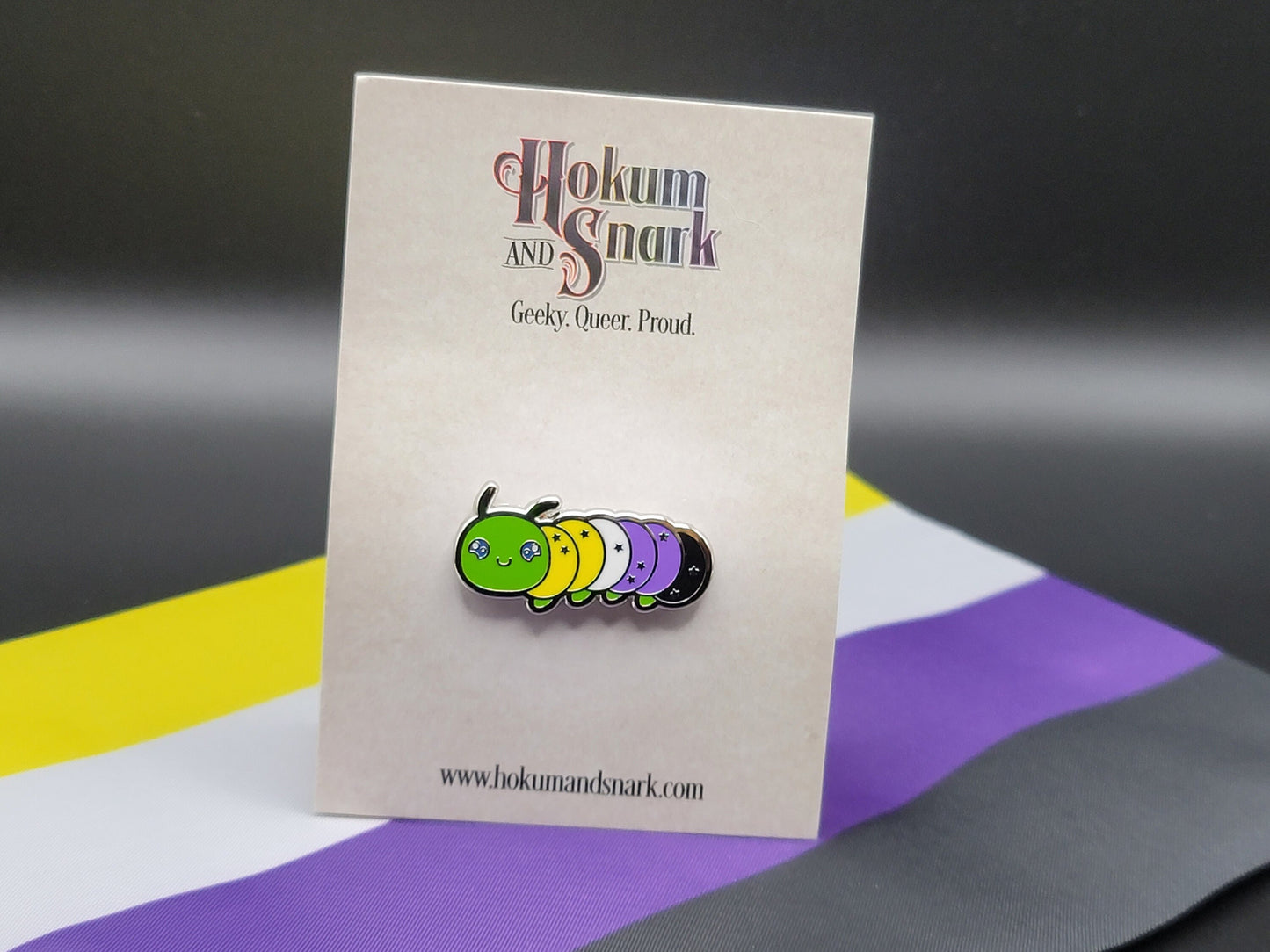 Nonbinary Pride Pin | Caterpillar Chibi Enamel Pin in Enby Pride Flag Colors | LGBTQ+ Pins | Subtle Pride Jewelry Accessory