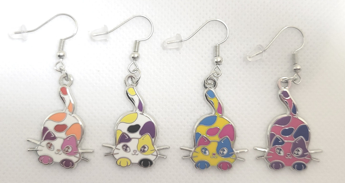 Pansexual Purride Calico Cat Earrings in Pan Pride Flag Colors | Chibi Neko LGBTQ+ Subtle Pride Jewelry