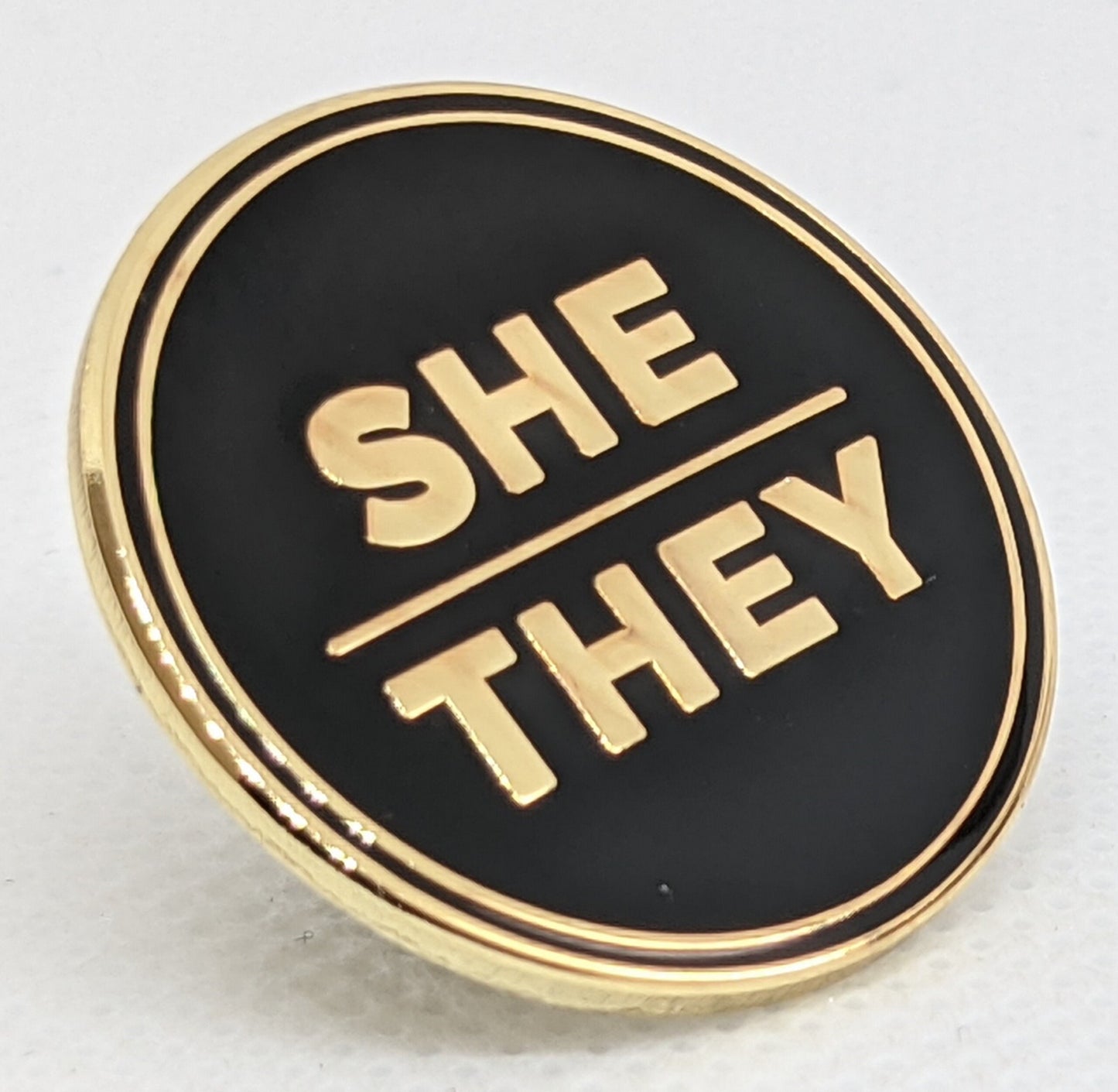 She They Pronoun Pin Silver or Gold 1-inch Round Hard Enamel | Femme Nonbinary Multi-gender Gender Fluid Genderqueer