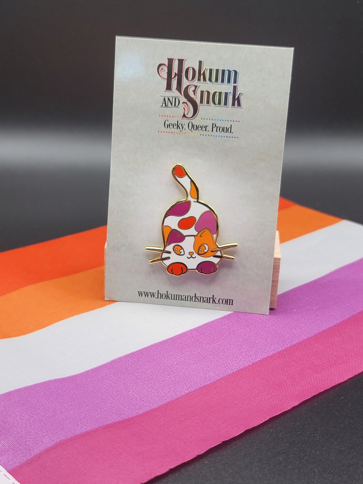 Lesbian Purride Calico Cat Hard Enamel Pin in Orange Lesbian Pride Flag Colors | Chibi Neko LGBTQ+ Subtle Pride Jewelry…