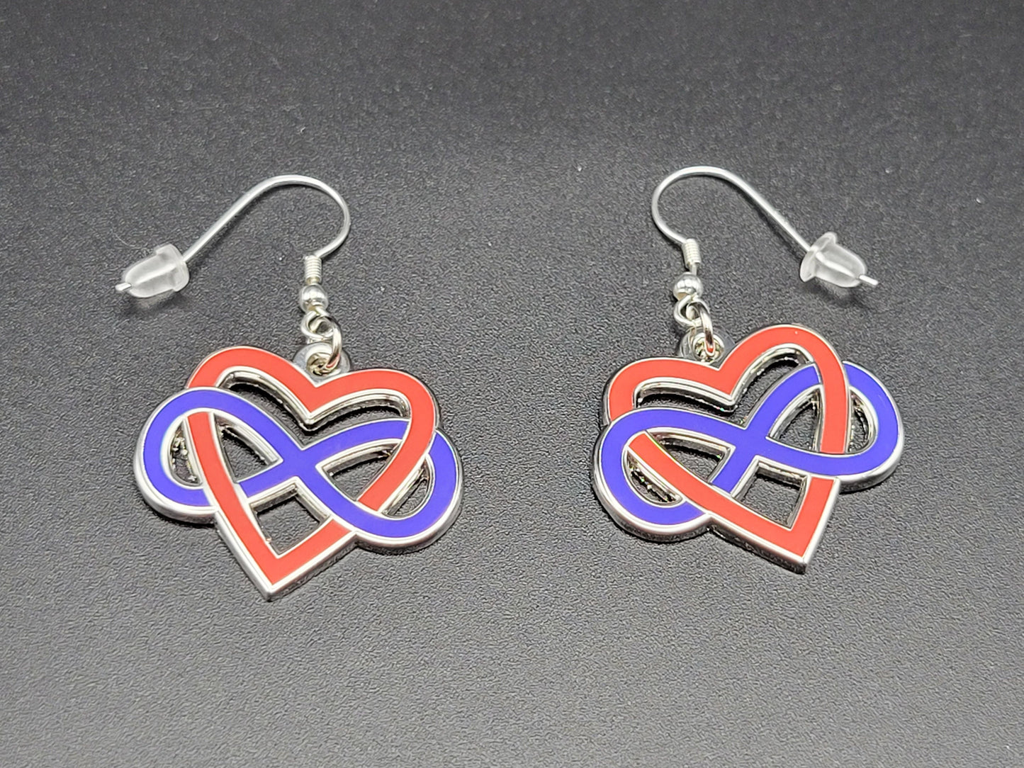 Polyamory Infinity Heart Enamel Earrings | Infinite Love Celtic Knot Blue Red Gold Cut Out Design | Polyamory Pride Jewelry