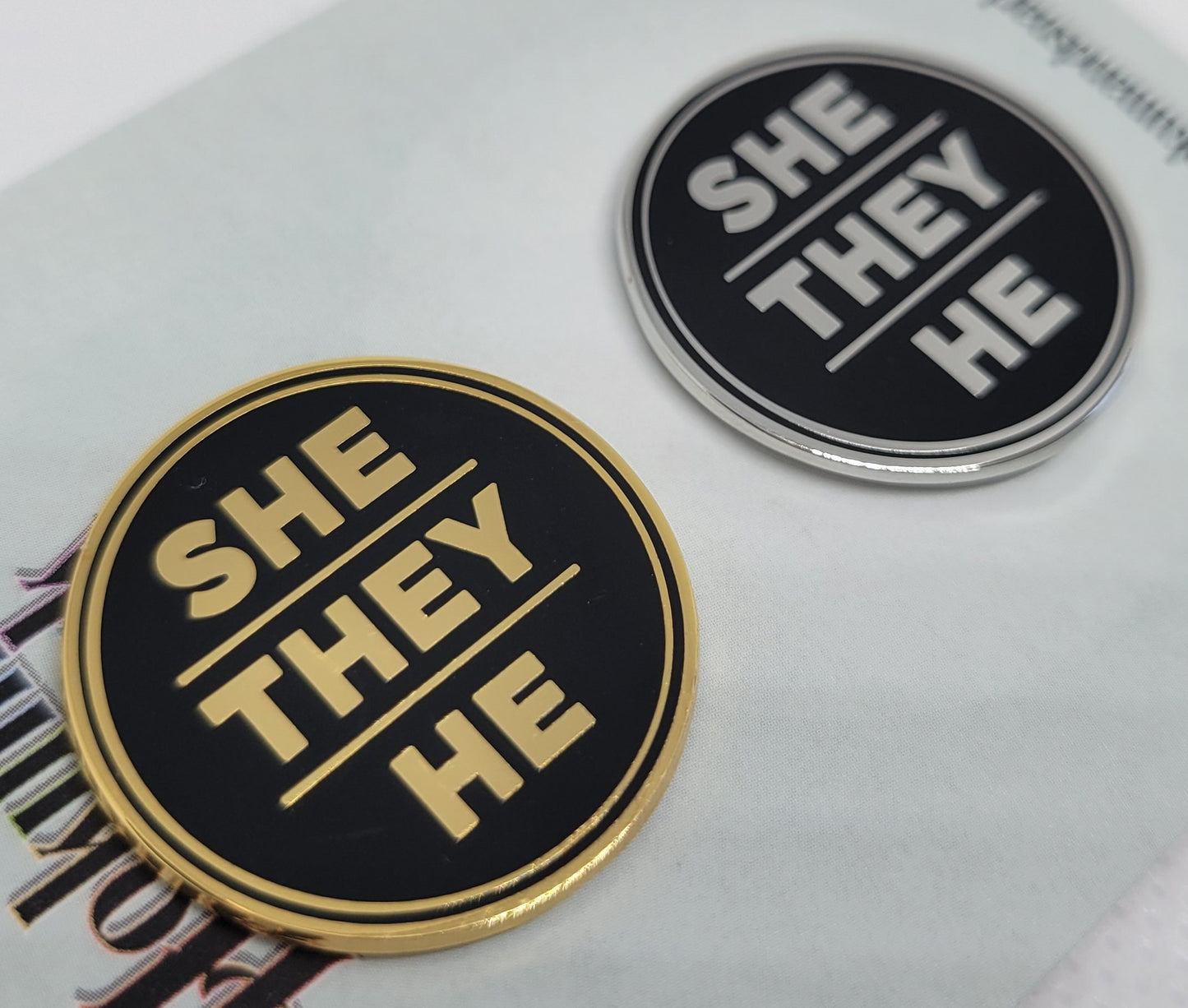 She They He Pronoun Pin Silver or Gold 1-inch Round Hard Enamel | Nonbinary Genderfluid Genderqueer Pronoun Badge