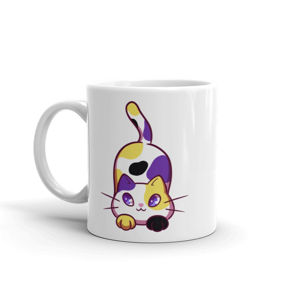 Nonbinary Gender Nonconforming Chibi Kitty in Enby Pride Flag Colors White Ceramic Mug - 11 oz or 15 oz - LGBT Pride Gifts & Accessories