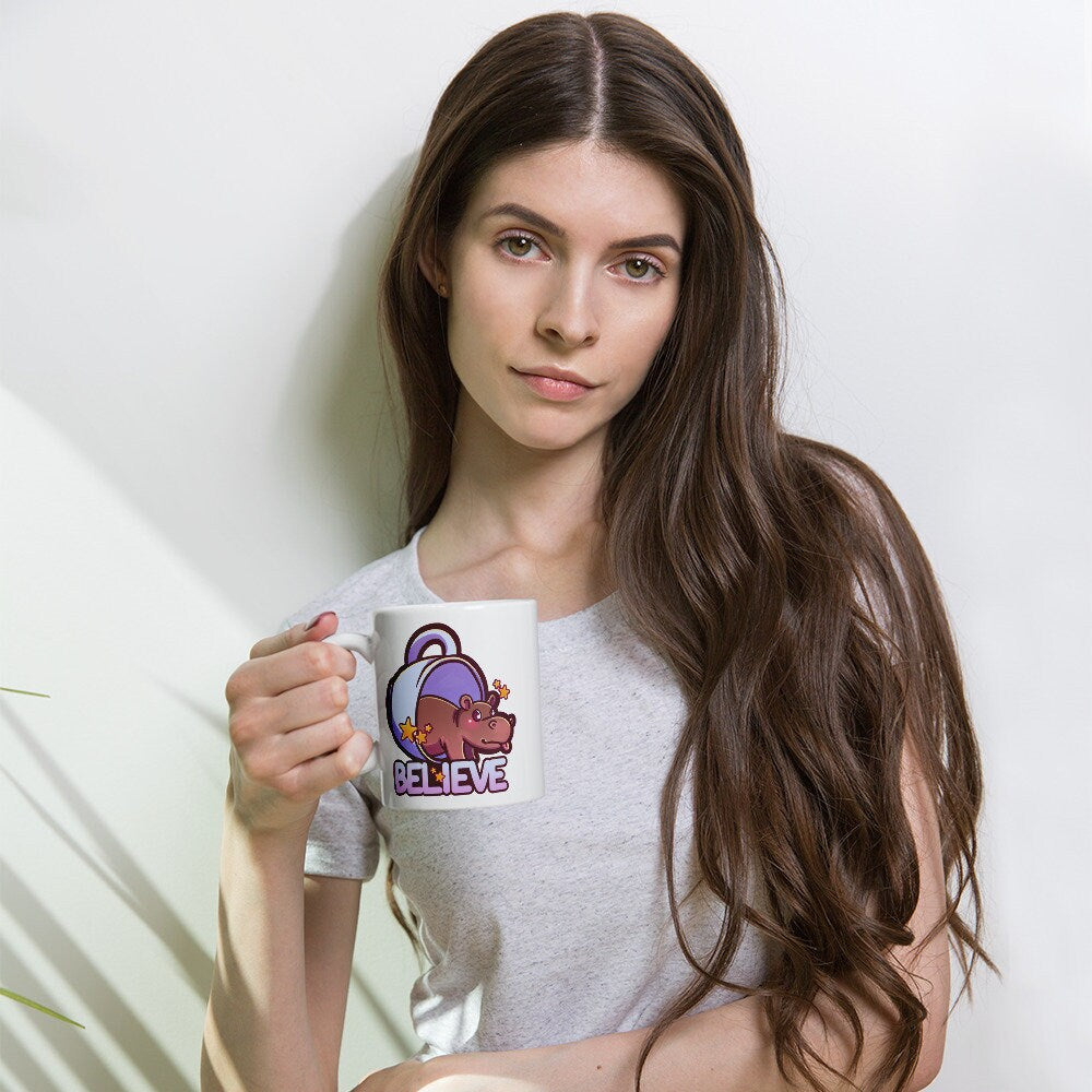 North American House Hippo Canadian Folklore Cryptid Tiny Hippopotamus Cute Character White Ceramic Mug - 11 oz or 15 oz