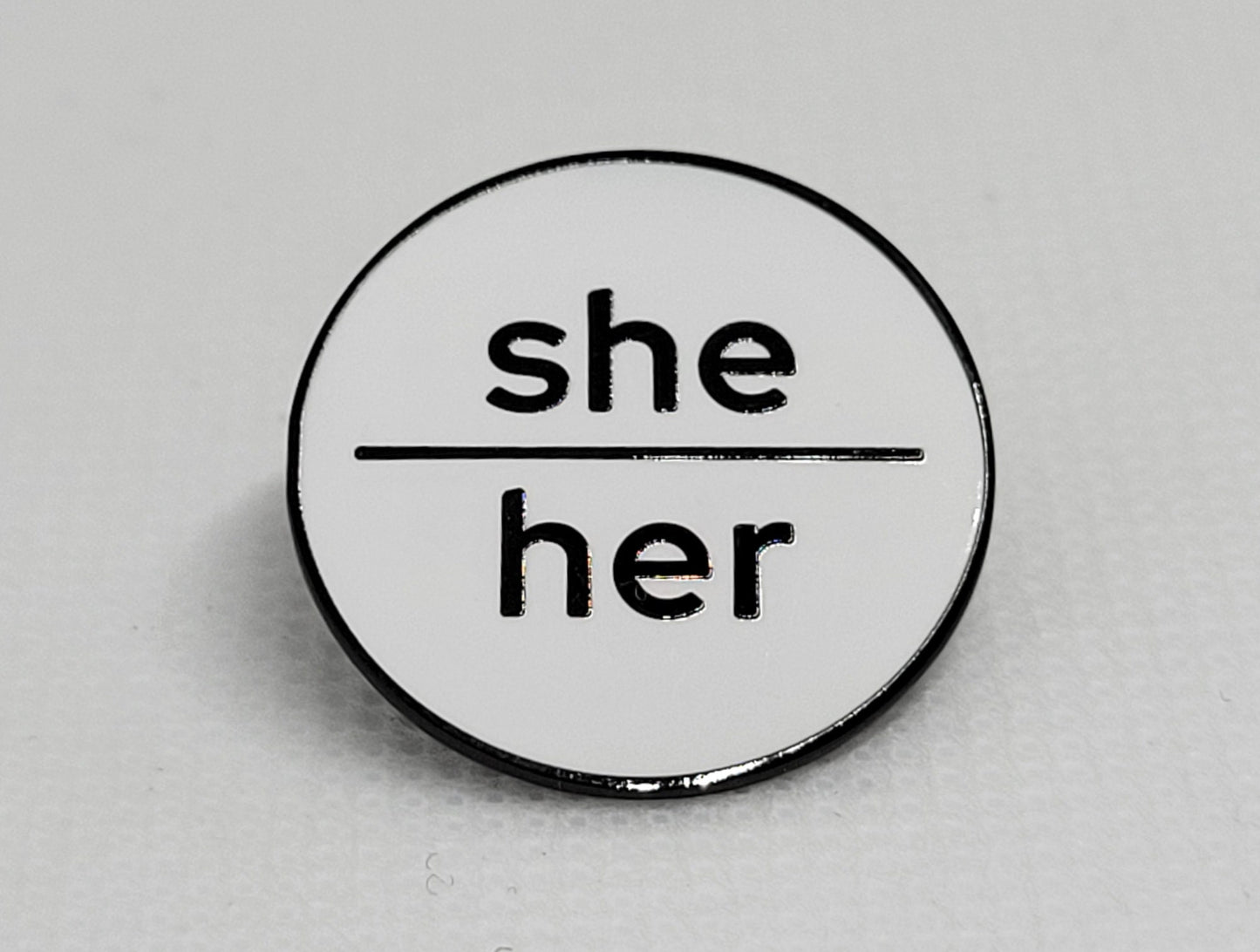 Modern Minimalist Pronoun Pin | She Her Pin | Choose White/Gold, White/Black or Black/Silver | She/Her Pronoun Button