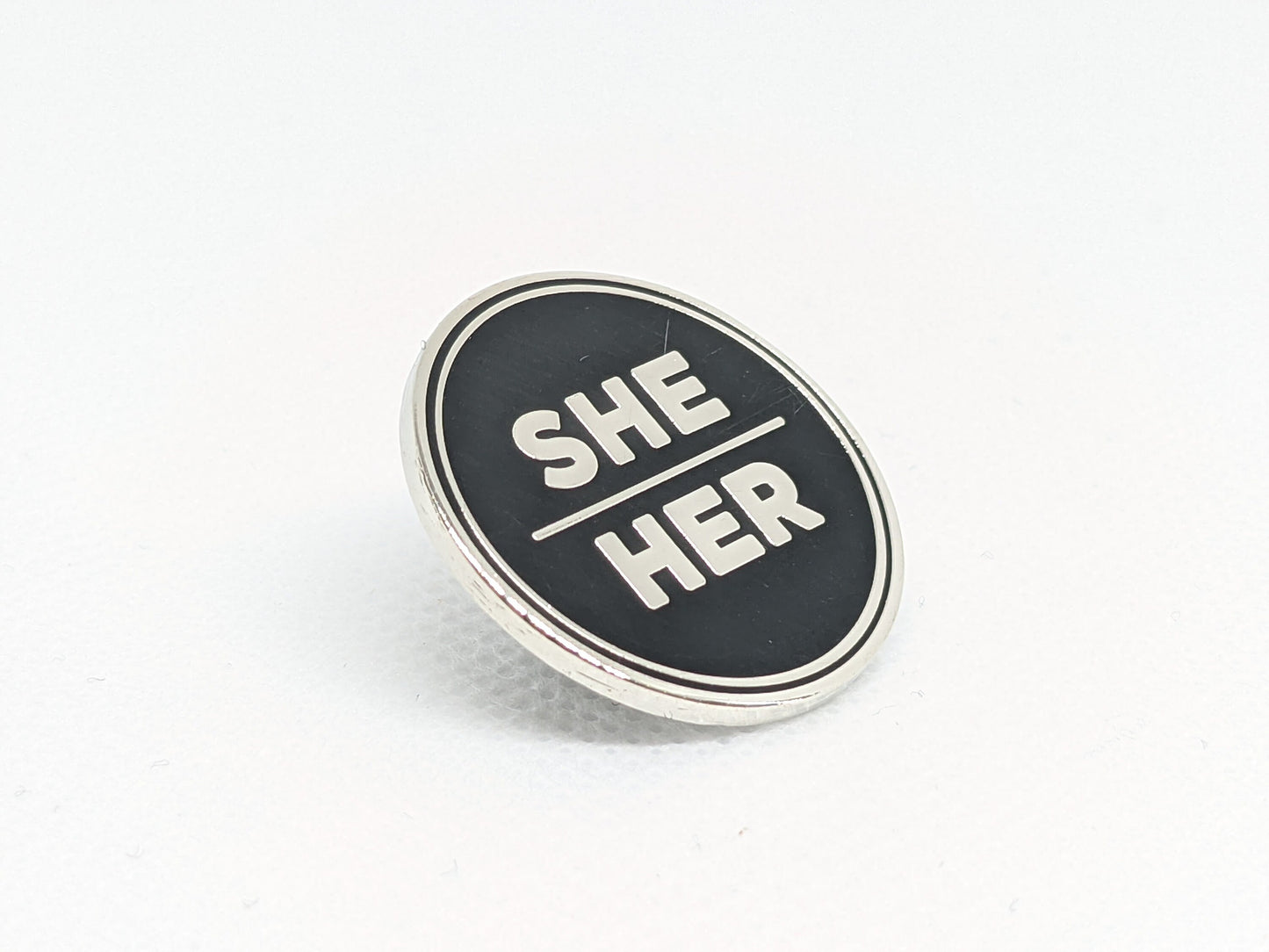 She Her Pronoun Pin Silver or Gold 1-inch Round Hard Enamel | Female Femme Pronoun Badge